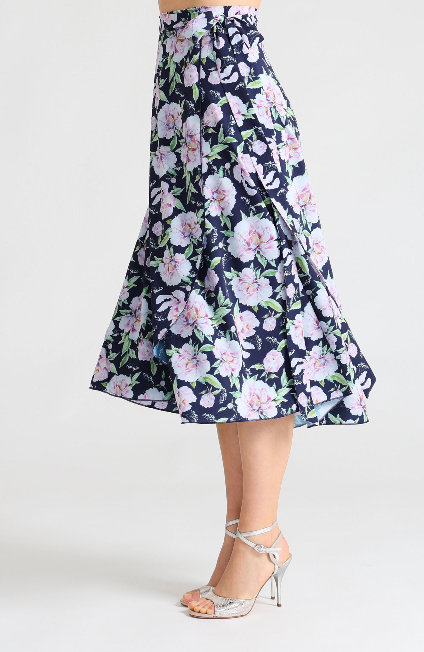 Long wrap tango skirt in peony blossoms floral print – flowing floor-length silhouette for dance.