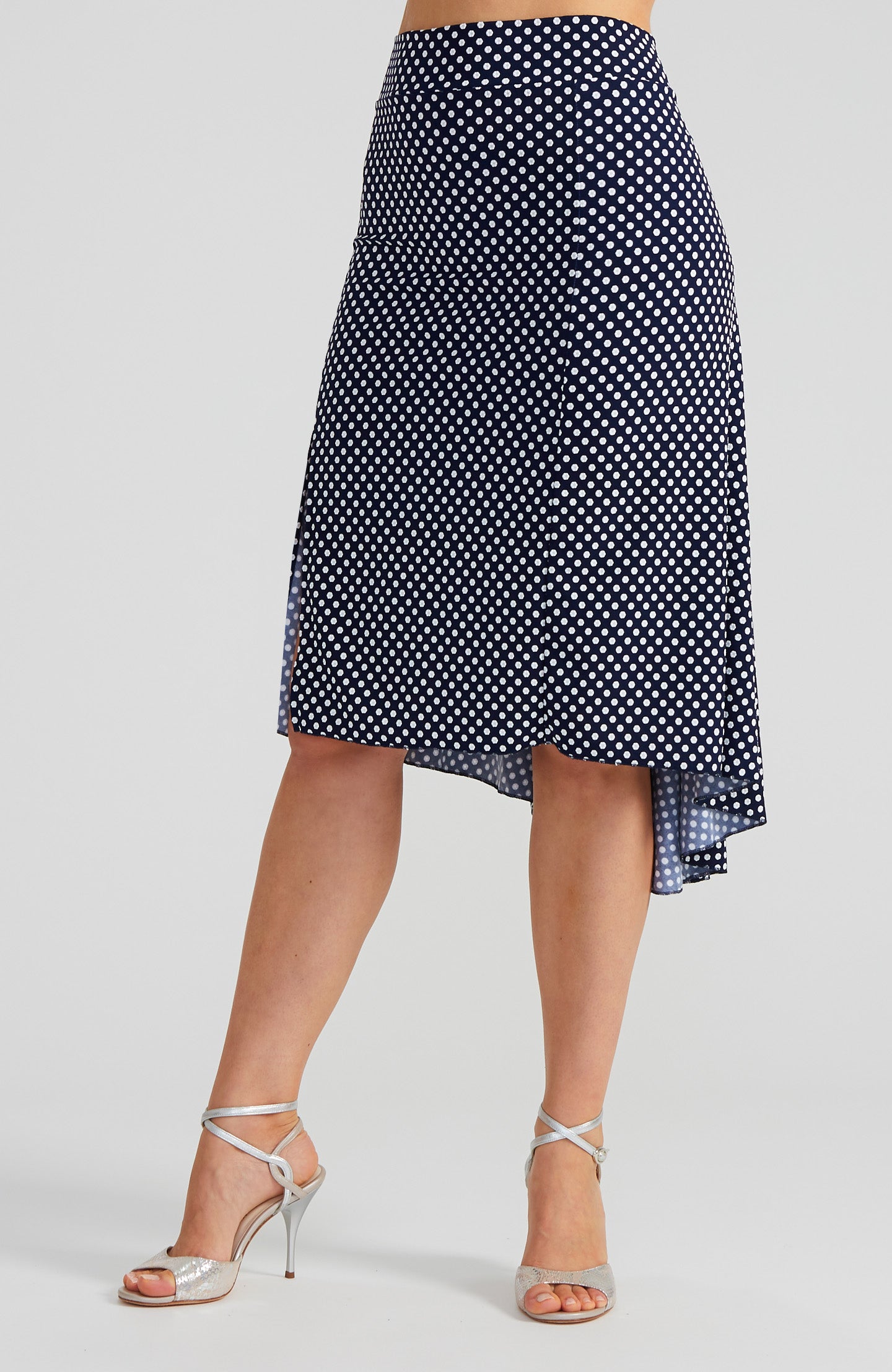 Jupe tango à pois bleu marine avec fente PAOLA