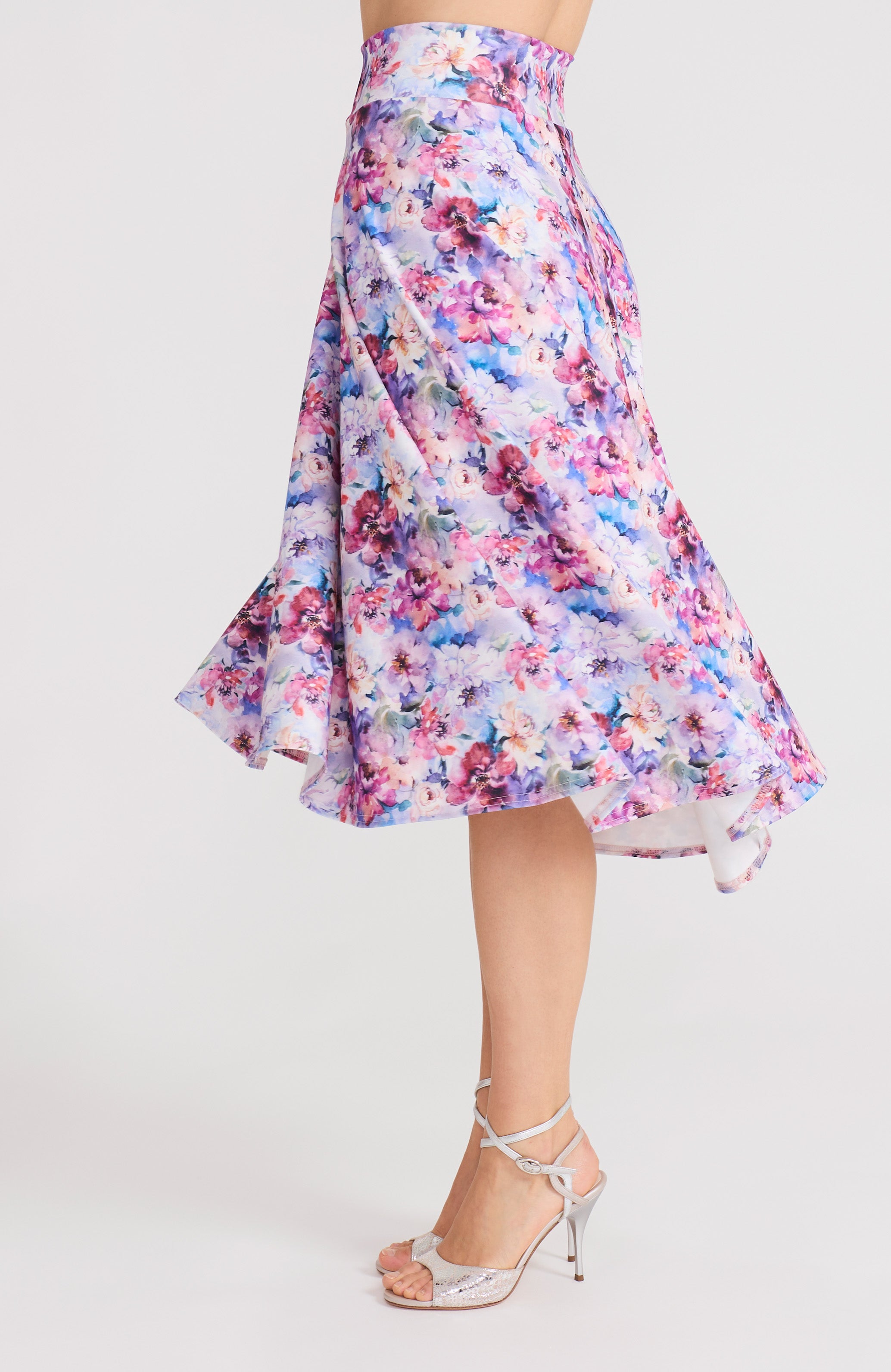 Pastel blossom floral A-line tango skirt AUDREY with a flowing high-low hem and delicate print.