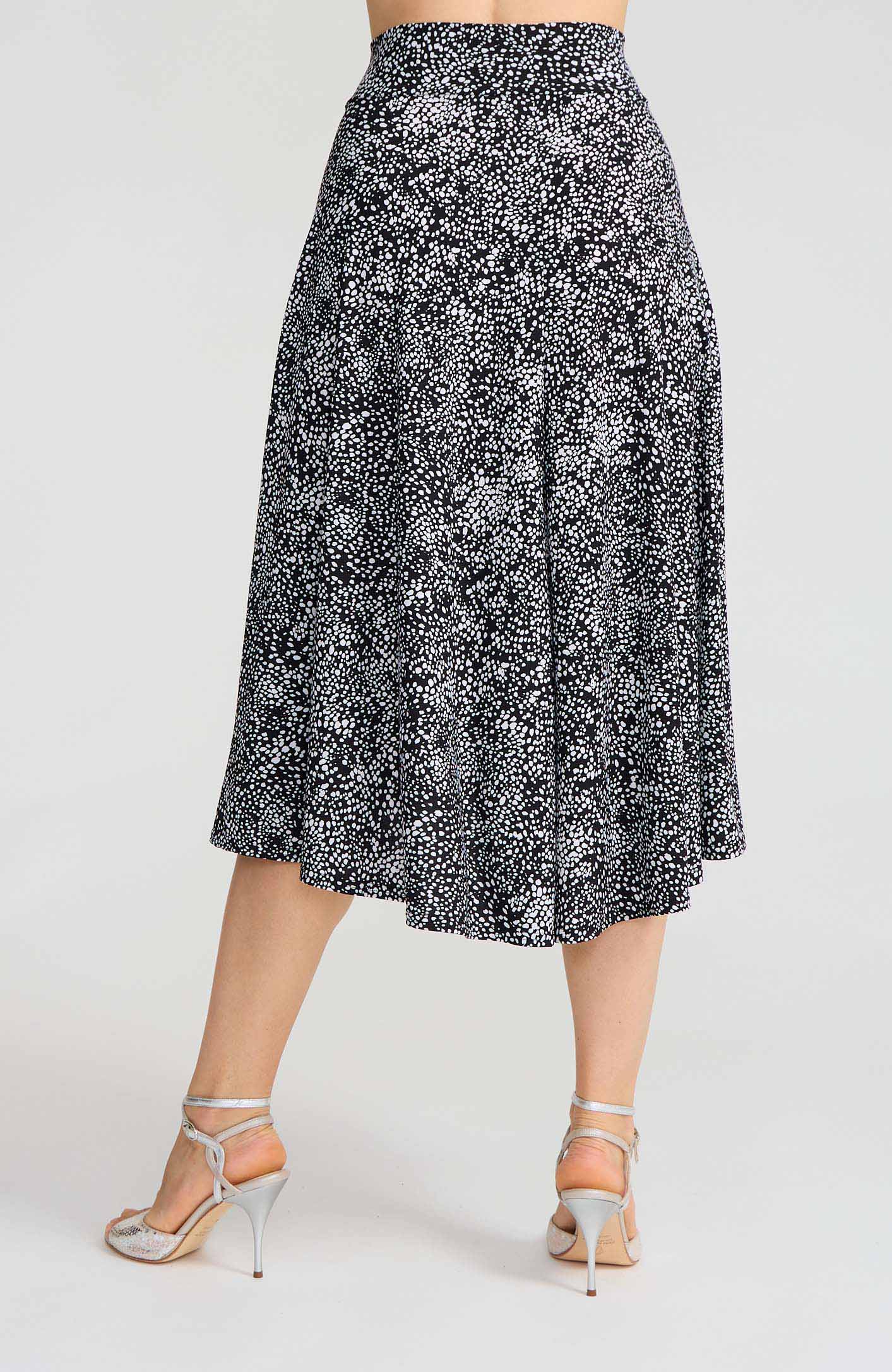 Model wearing the AUDREY black and white polka dot A-line tango skirt.