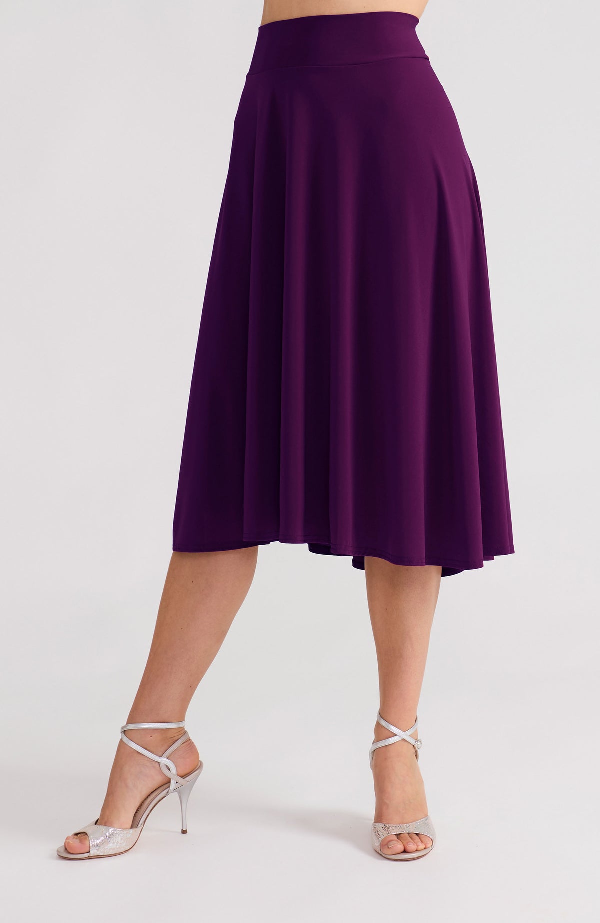 Purple A-line tango skirt AUDREY with a flowing high-low hem.