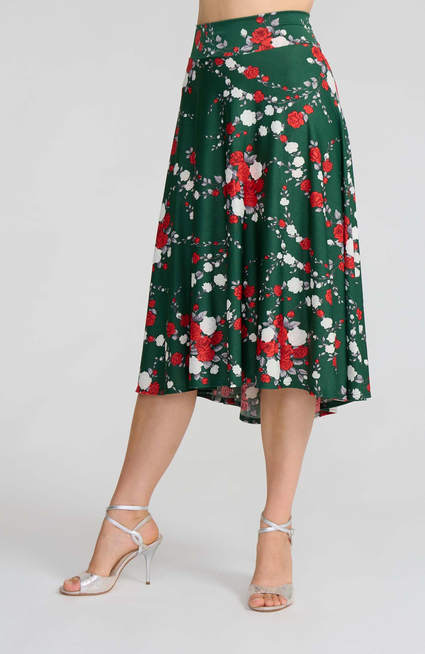 Model wearing the AUDREY red rose print on green A-line tango skirt.