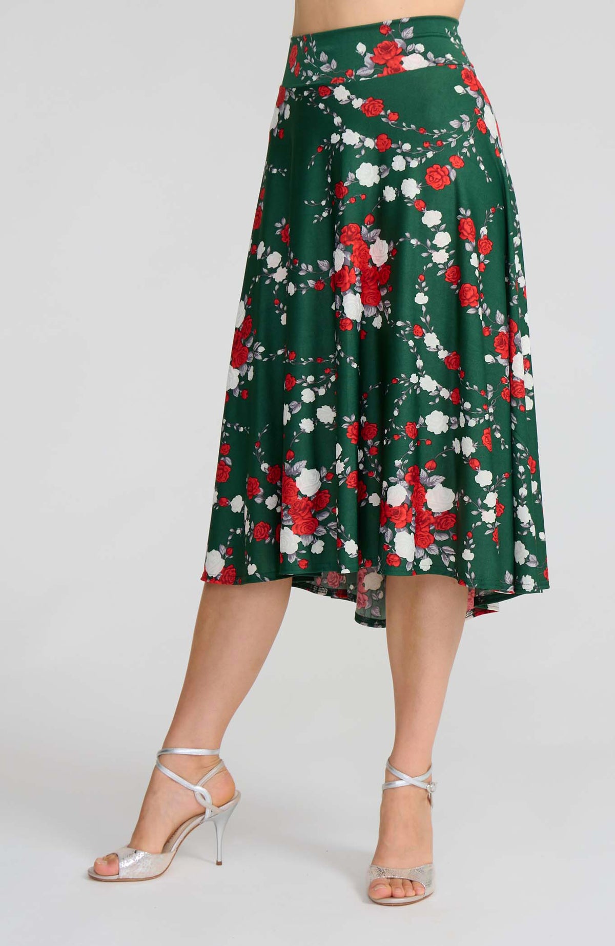 Model wearing the AUDREY red rose print on green A-line tango skirt.
