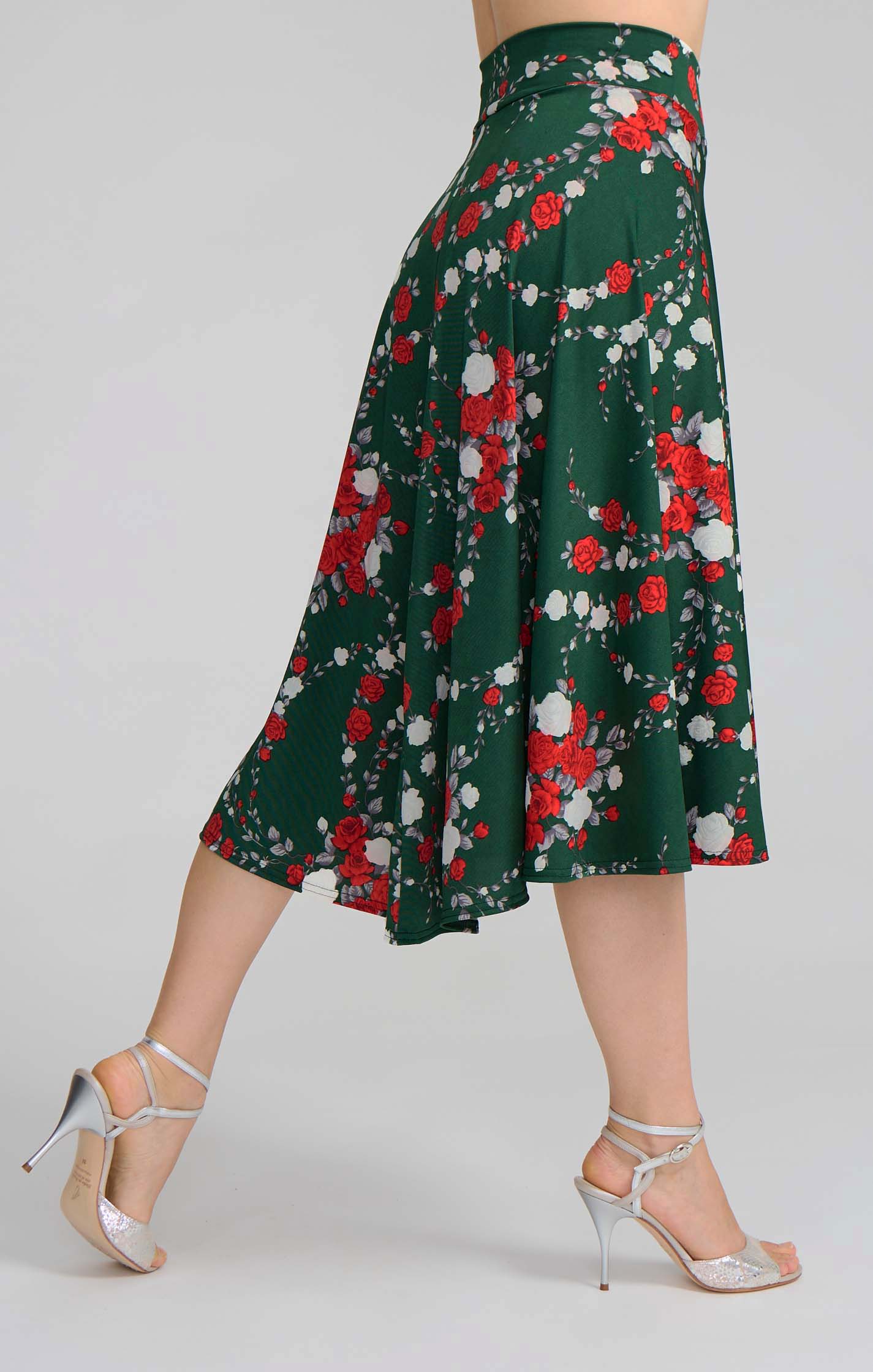 Model wearing the AUDREY red rose print on green A-line tango skirt.
