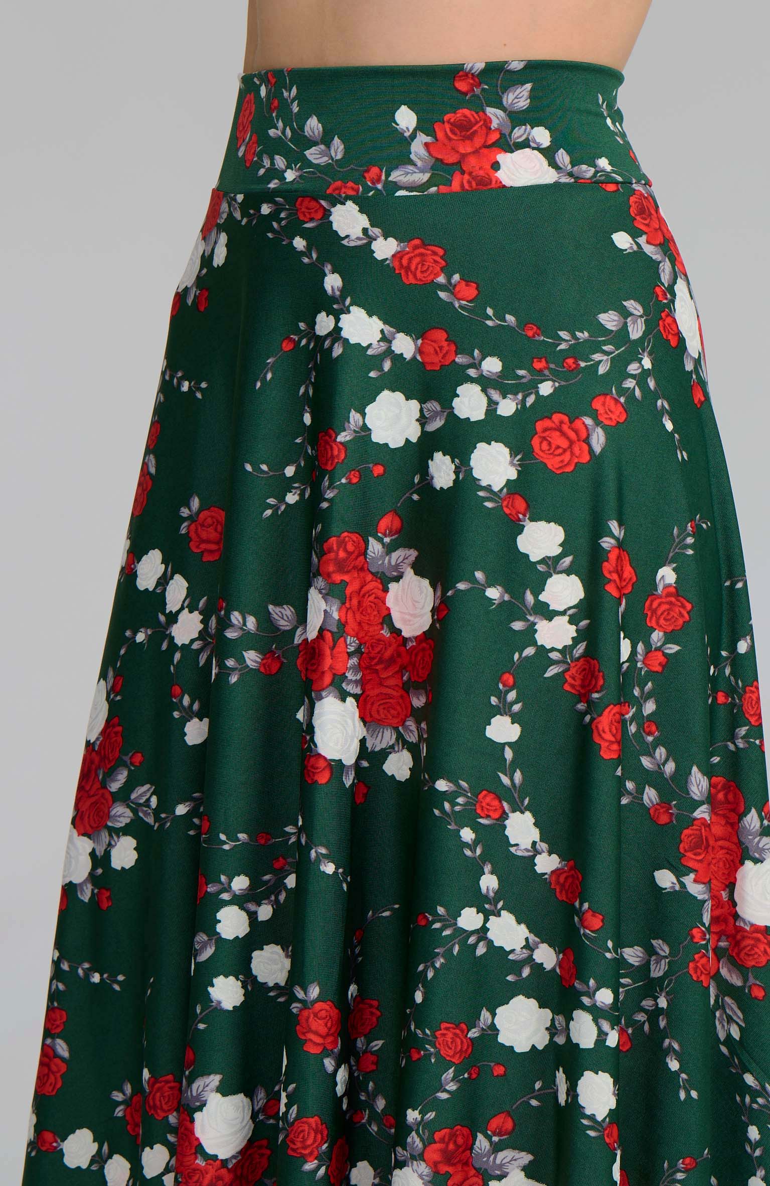 Model wearing the AUDREY red rose print on green A-line tango skirt.