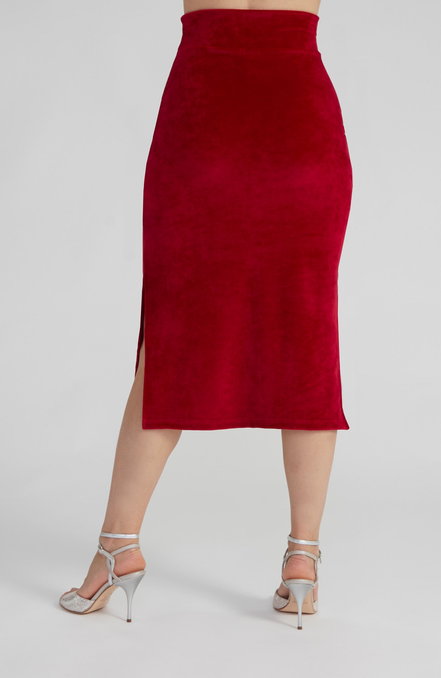 Back view of red velvet MIA tango skirt with double side slits