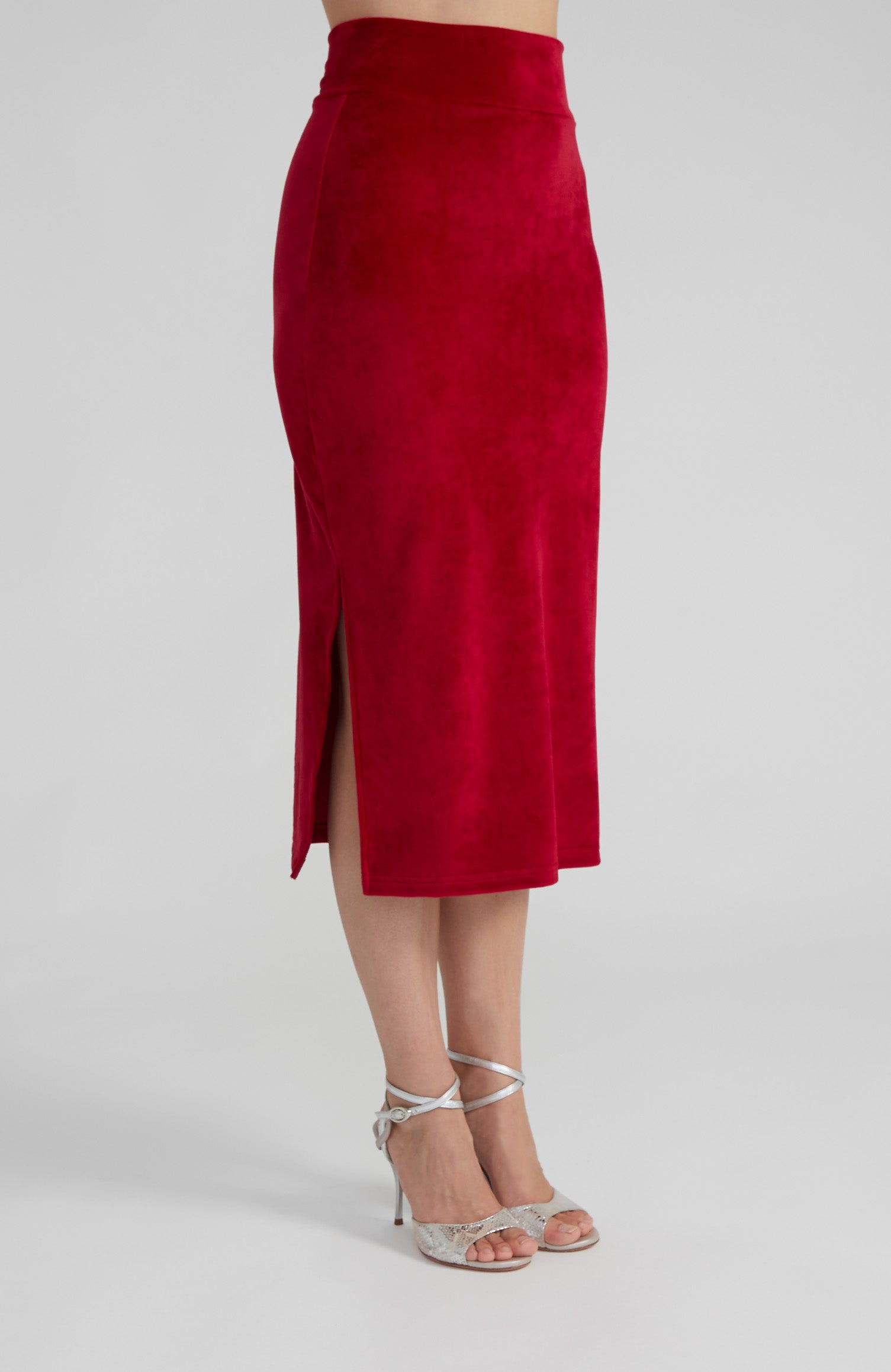 Side view of tango skirt in red velvet