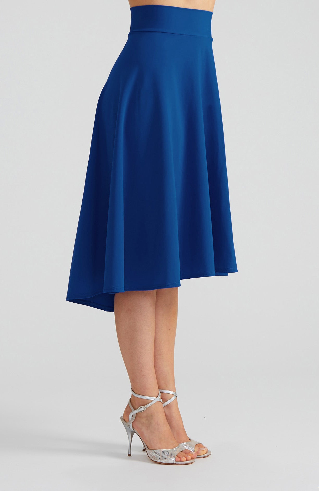 Royal blue A-line Argentine tango skirt AUDREY with a flowing high-low hem.