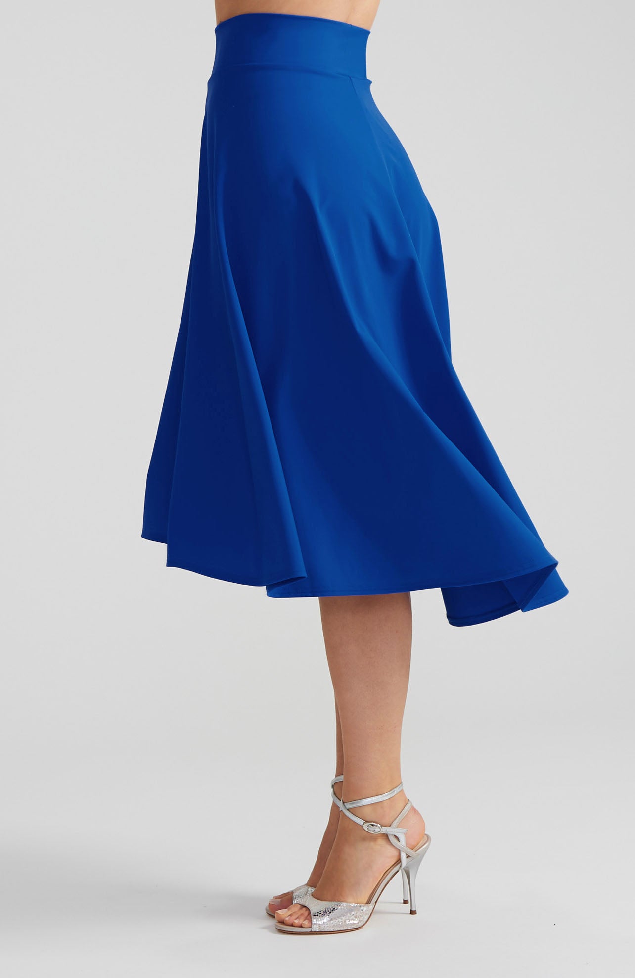 Royal blue A-line Argentine tango skirt AUDREY with a flowing high-low hem.