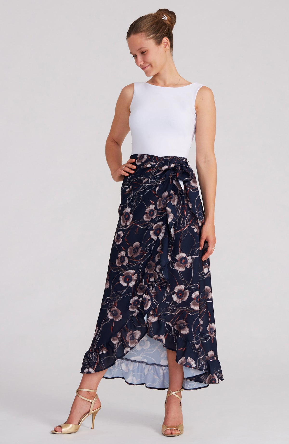 Autumn Floral Tango Wrap Skirt with Ruffle Hem in Navy Blue – DINA