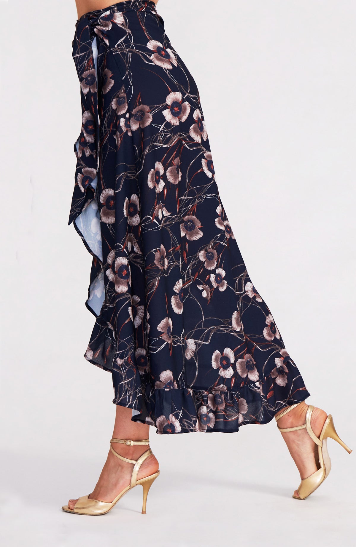 Autumn Floral Tango Wrap Skirt with Ruffle Hem in Navy Blue – DINA