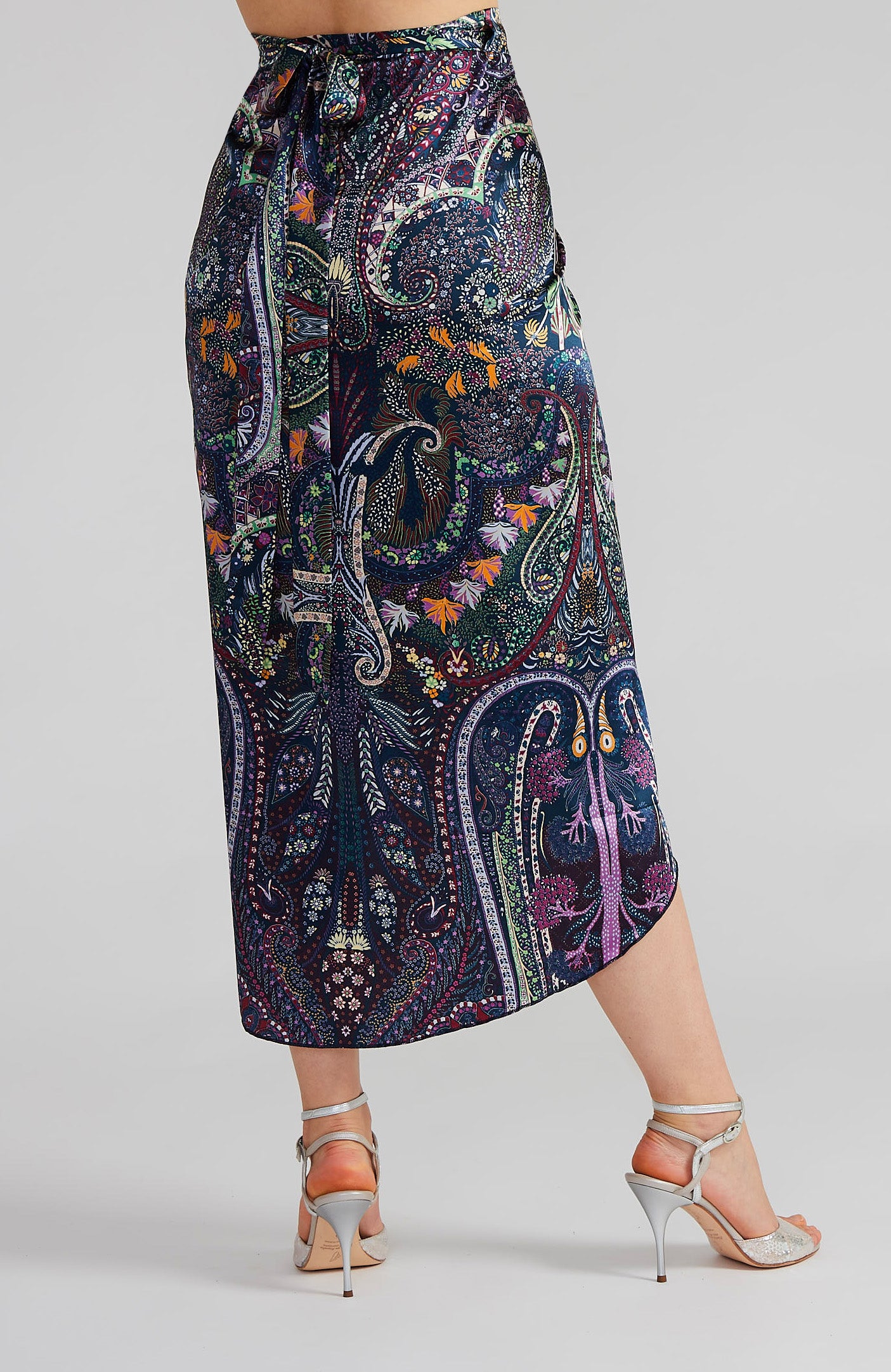 JULIET Wrap Skirt with Draped Detail in Satin Paisley Print