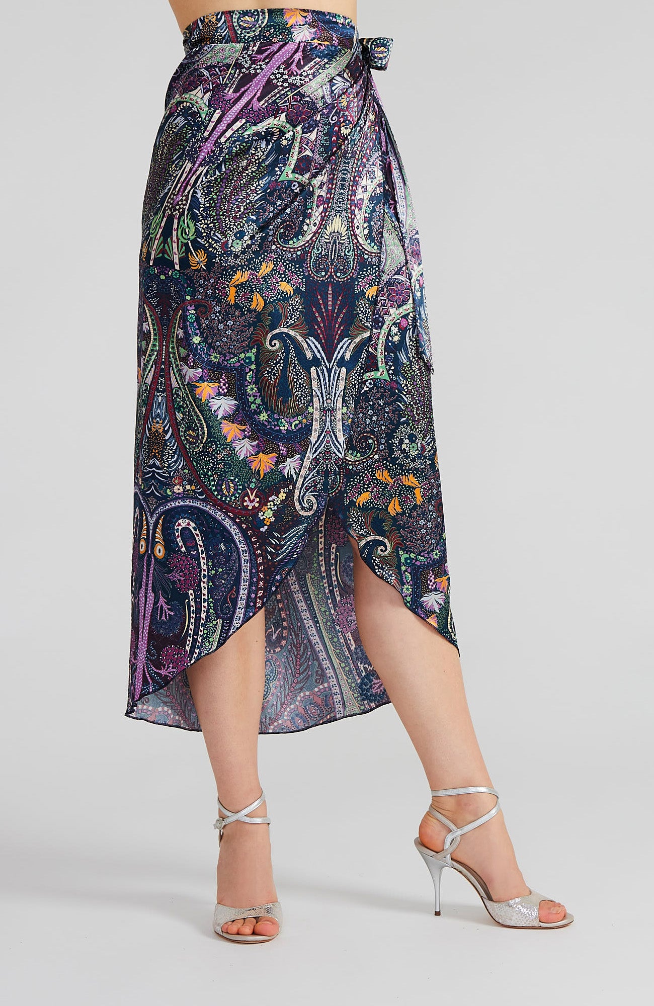 JULIET Wrap Skirt with Draped Detail in Satin Paisley Print
