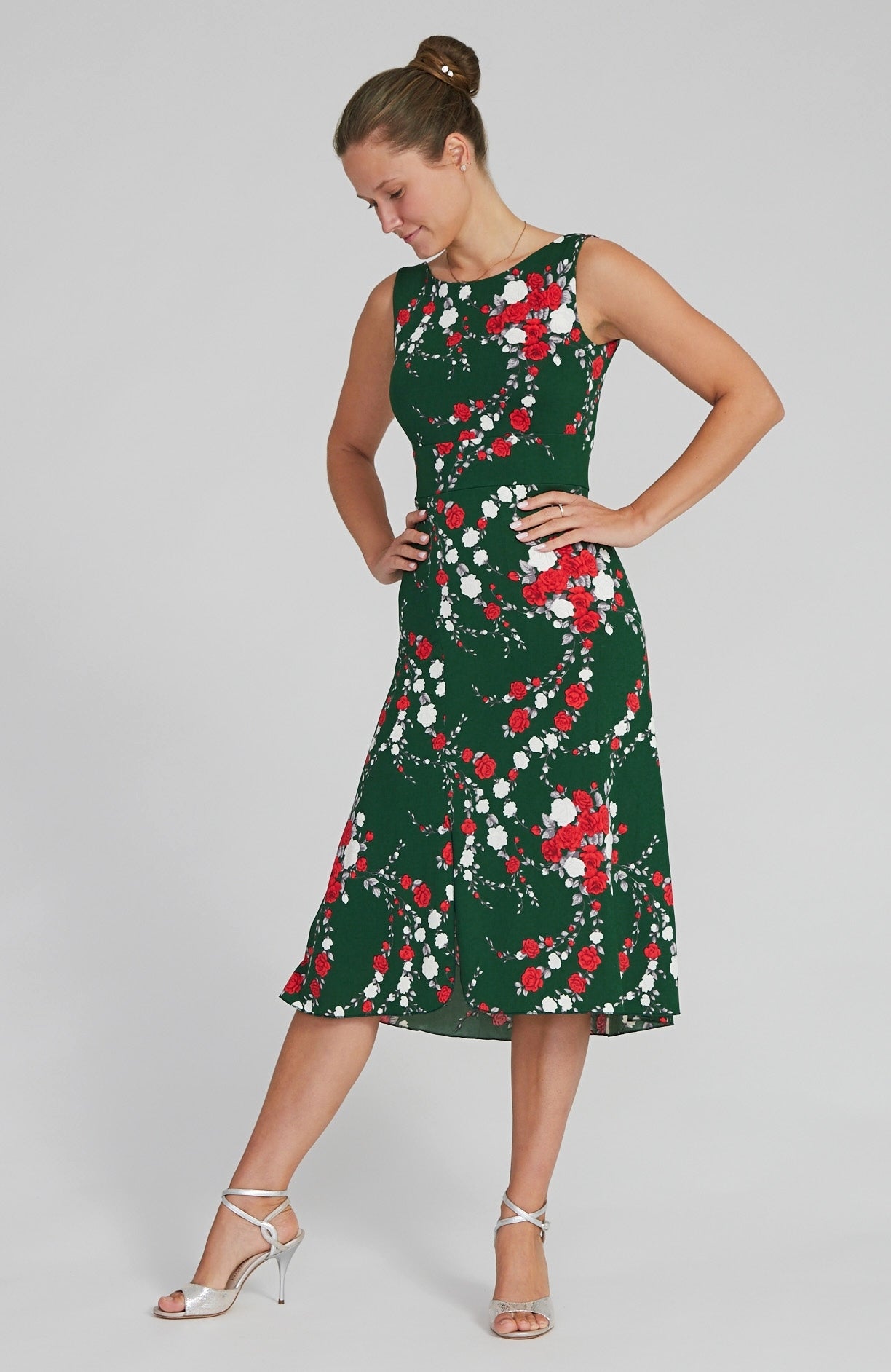 SOFIA Red Rose Print Tango Dress with Open Back
