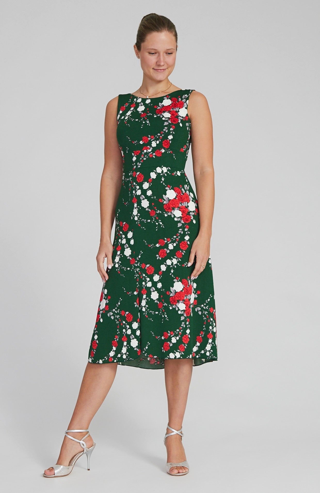 SOFIA Red Rose Print Tango Dress with Open Back
