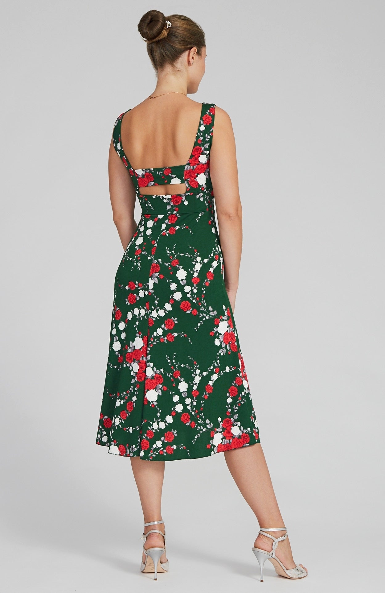 SOFIA Red Rose Print Tango Dress with Open Back