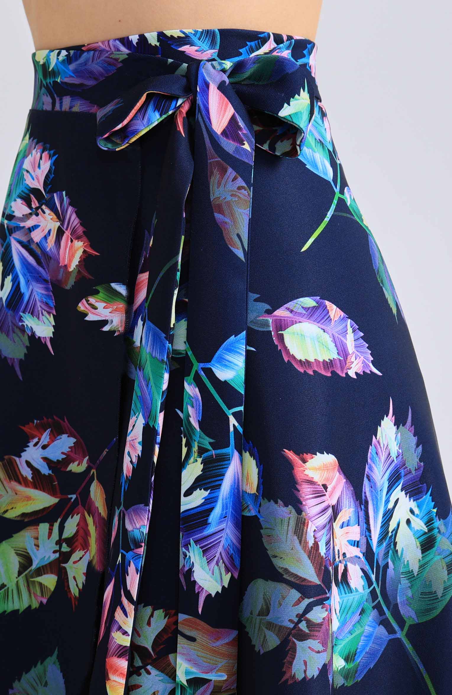 Tropical leaf print wrap tango skirt COCO in navy blue with a fluid drape.