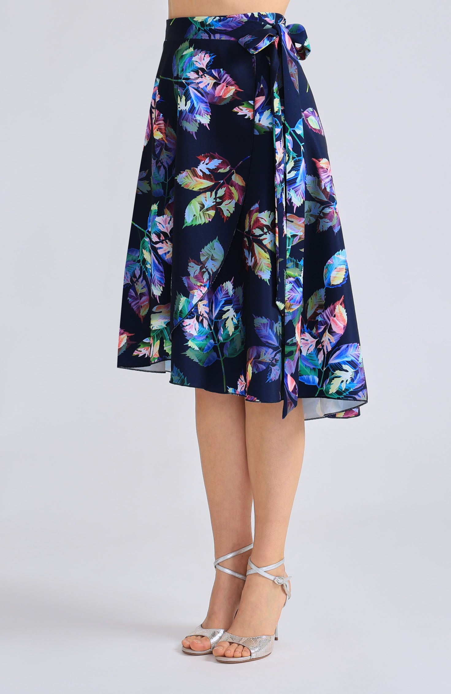 Tropical leaf print wrap tango skirt COCO in navy blue with a fluid drape.