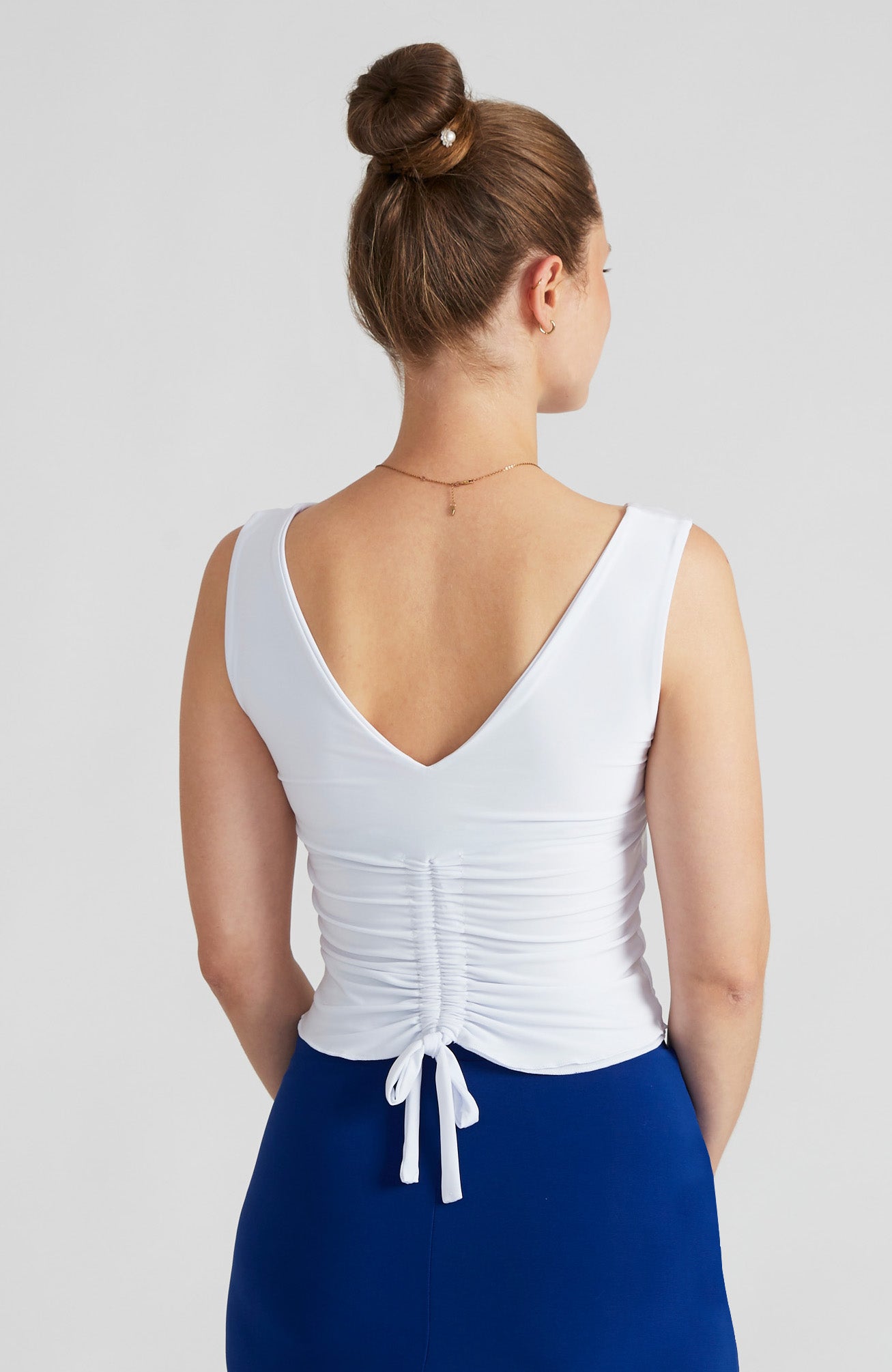 White draped back top DORA with an adjustable tie and bateau neckline; a versatile double-layered stretch crop top for dance or bridal rehearsal wear.