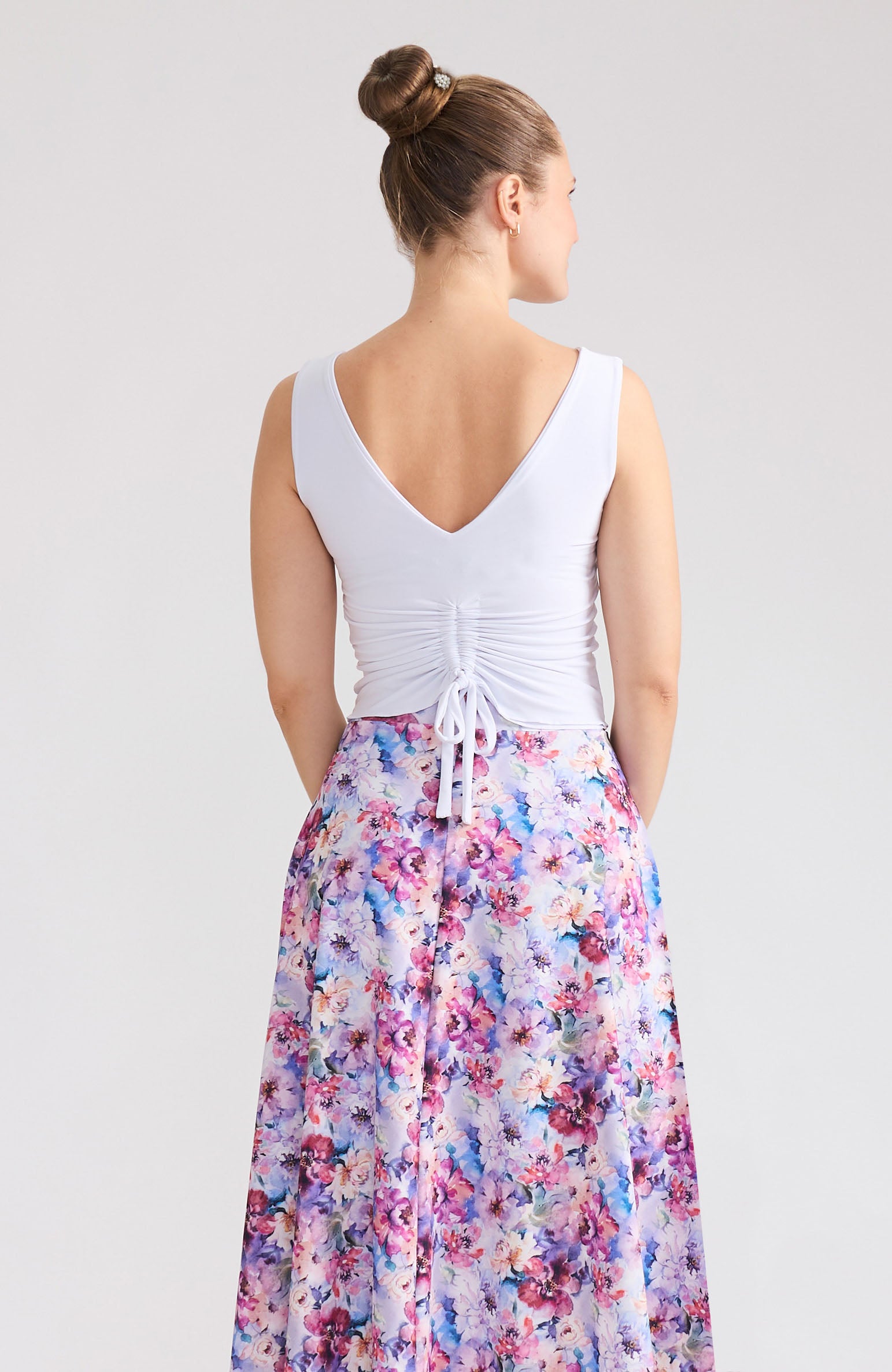 White draped back top DORA with an adjustable tie and bateau neckline; a versatile double-layered stretch crop top for dance or bridal rehearsal wear.