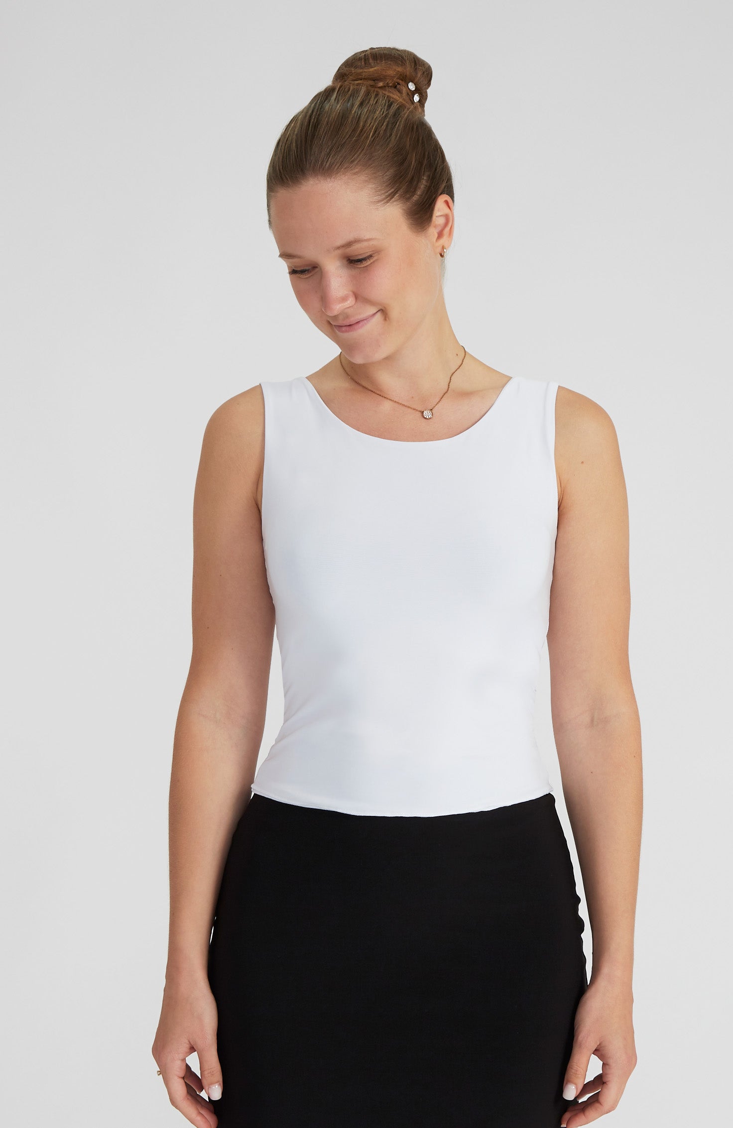 White draped back top DORA with an adjustable tie and bateau neckline; a versatile double-layered stretch crop top for dance or bridal rehearsal wear.