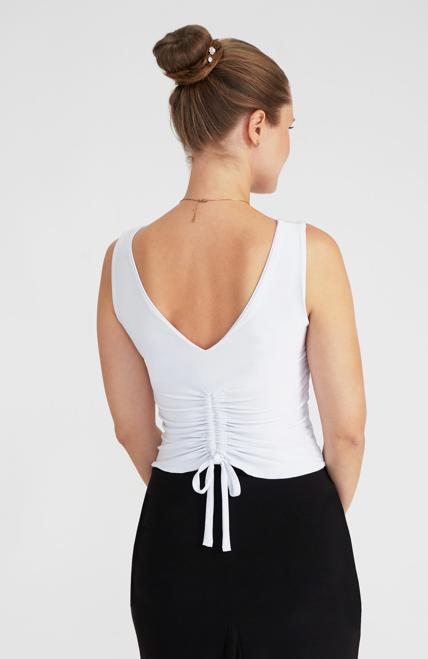 White draped back top DORA with an adjustable tie and bateau neckline; a versatile double-layered stretch crop top for dance or bridal rehearsal wear.