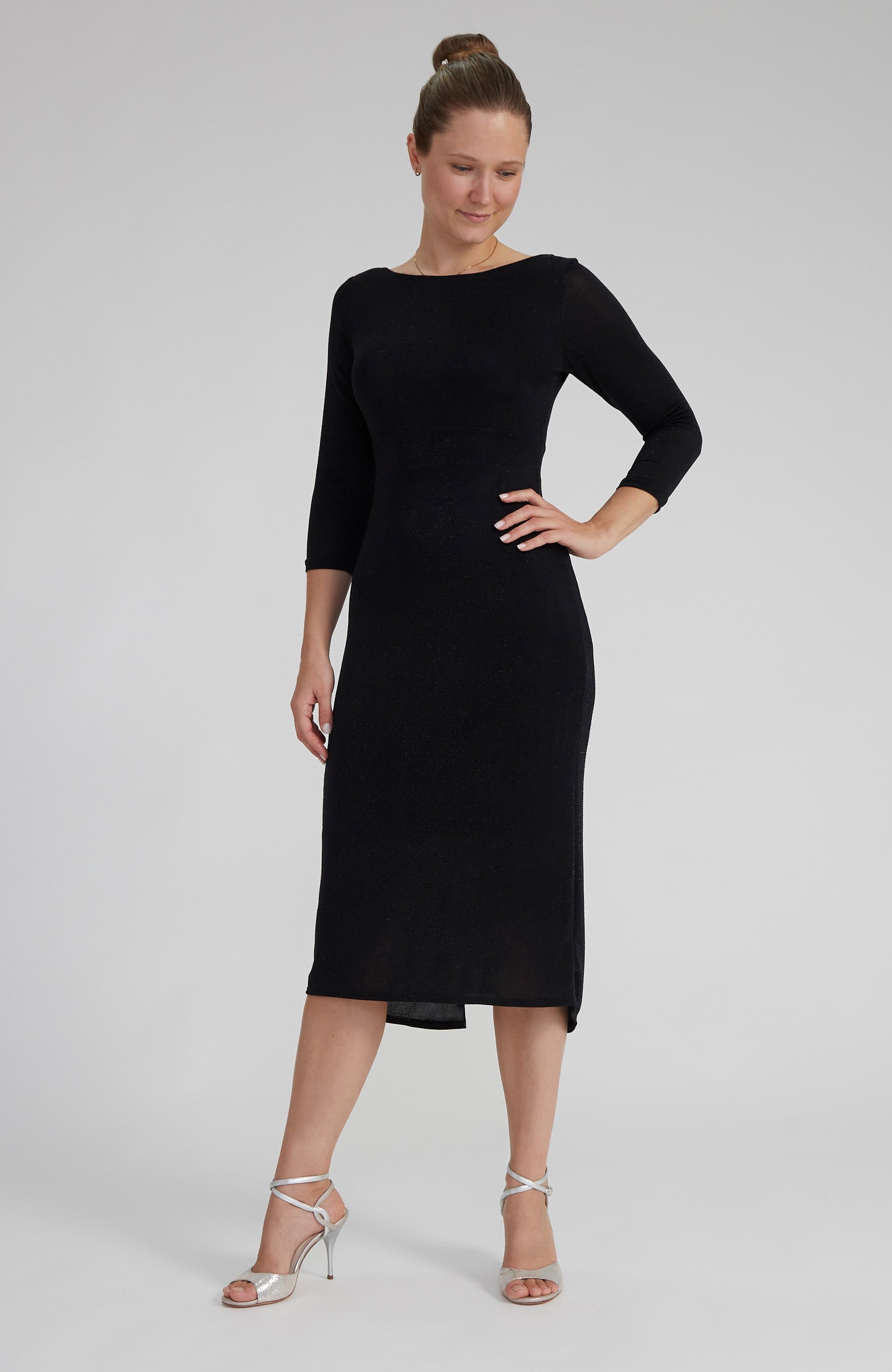 CHLOE – Black Sparkling Tango Dress with Sleeves and Open Back