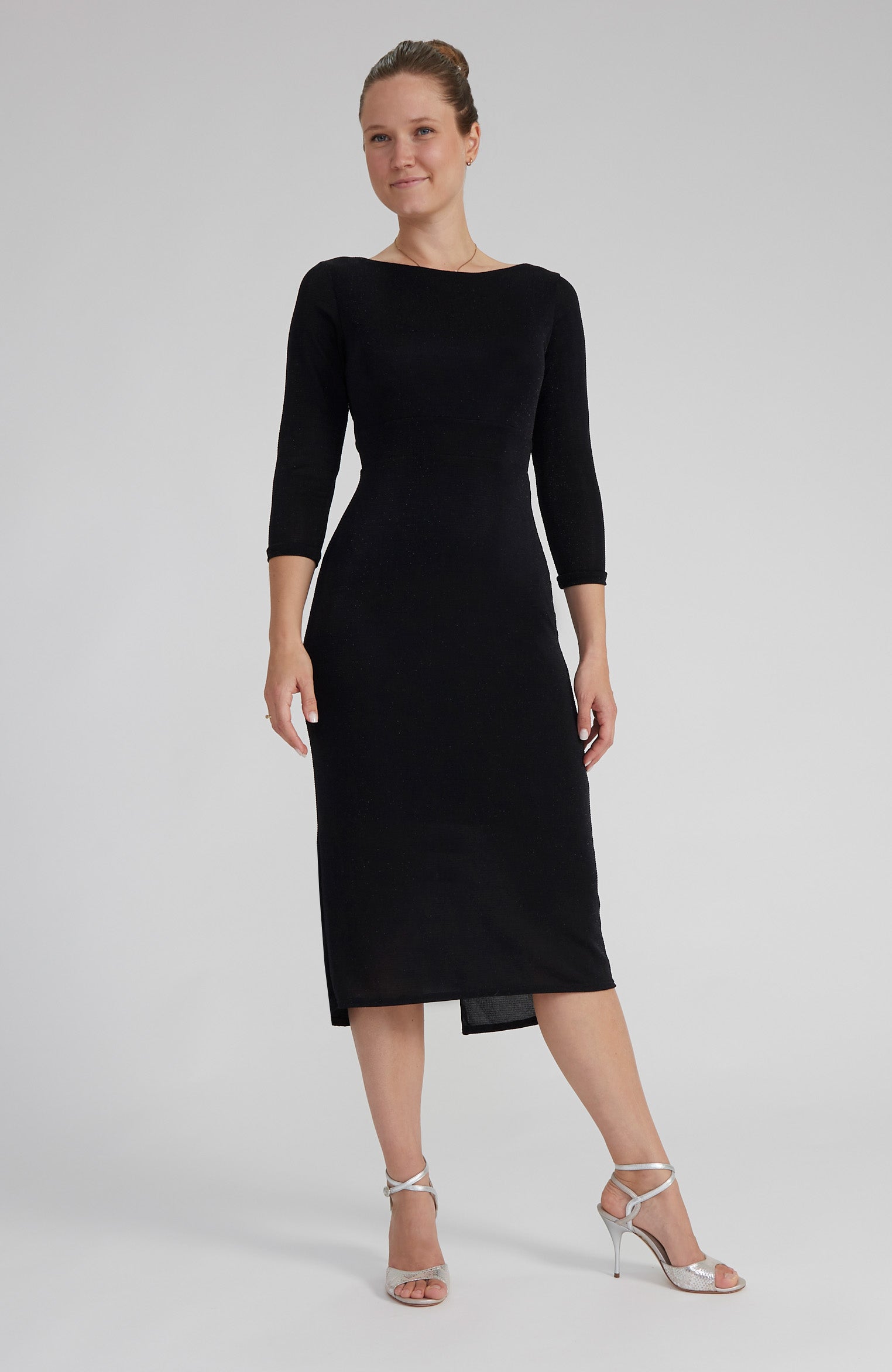 CHLOE – Black Sparkling Tango Dress with Sleeves and Open Back