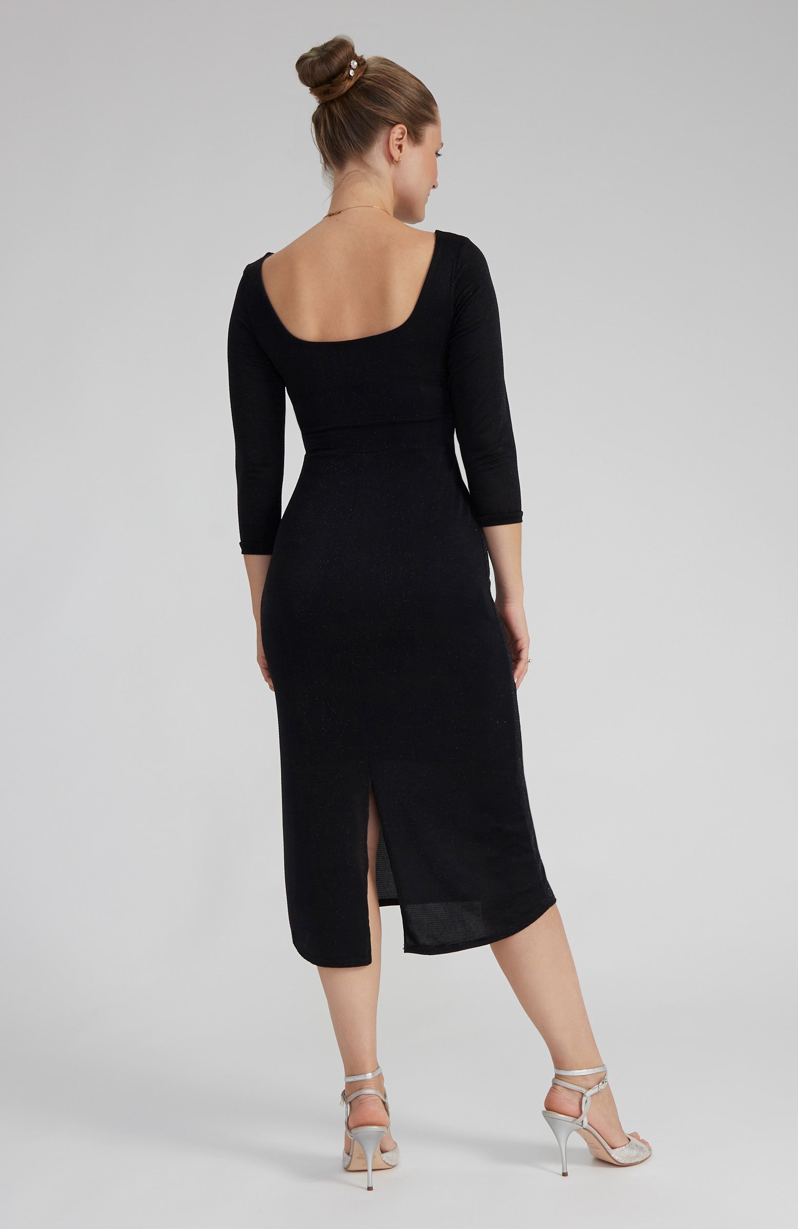 CHLOE – Black Sparkling Tango Dress with Sleeves and Open Back