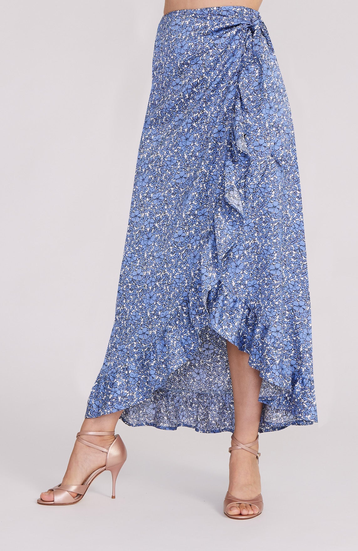 Wrap Skirt with Ruffle Hem in Blue Blossoms (Viscose) - DINA