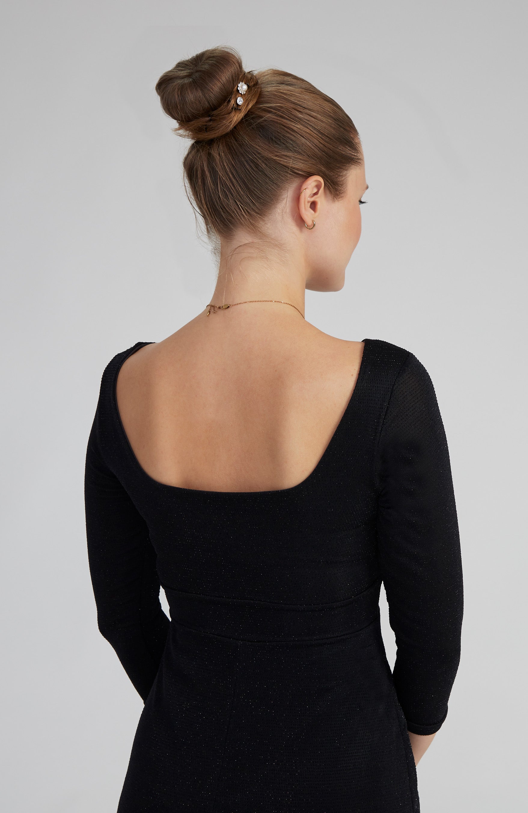 CHLOE – Black Sparkling Tango Dress with Sleeves and Open Back