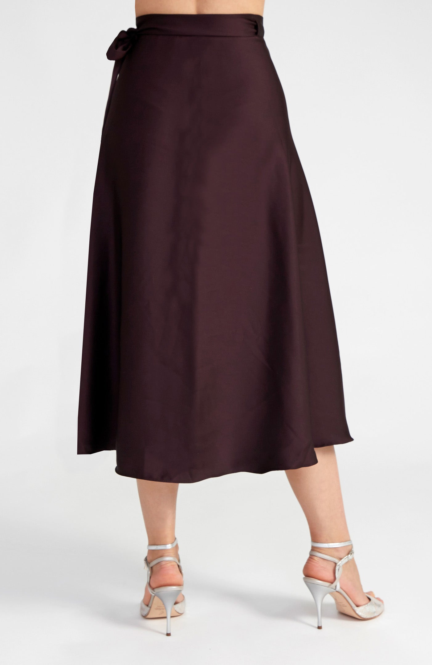 Long Wrap Skirt in Chocolate Brown Satin - GINA