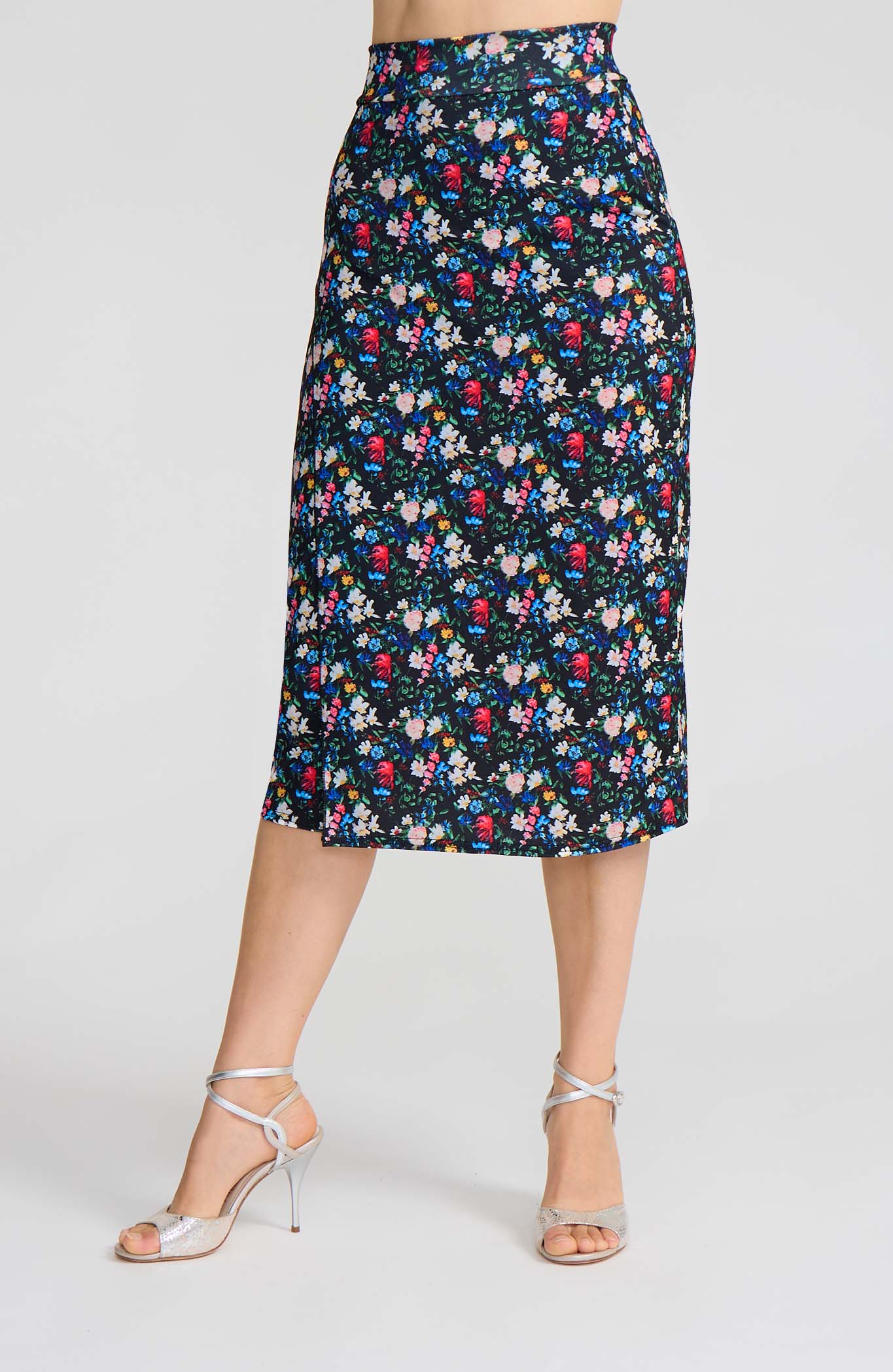 Model wearing the VALERY black floral print overlap tango skirt, designed for elegant movement. 