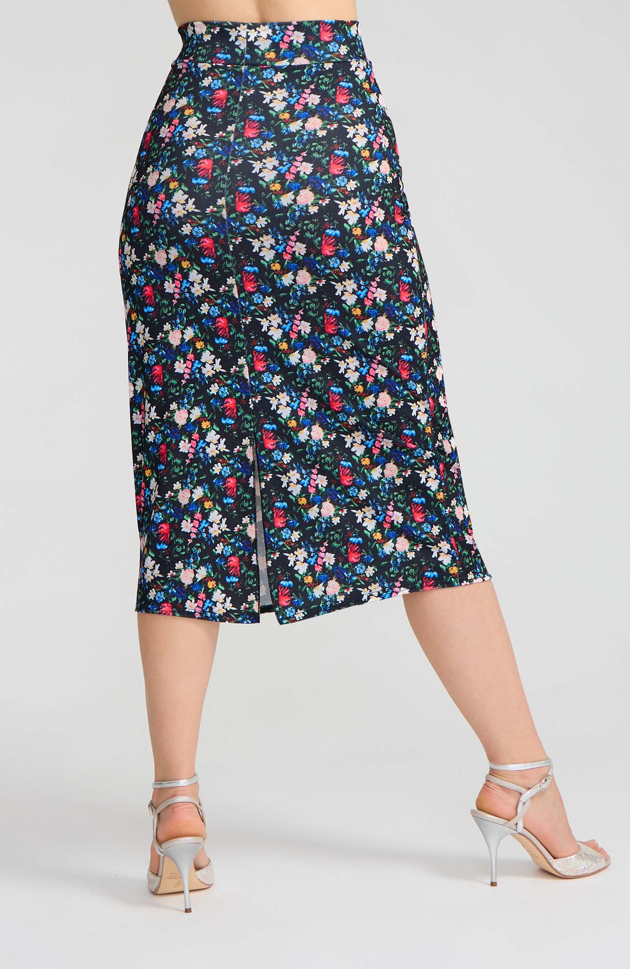 Model wearing the VALERY black floral print overlap tango skirt, designed for elegant movement. 