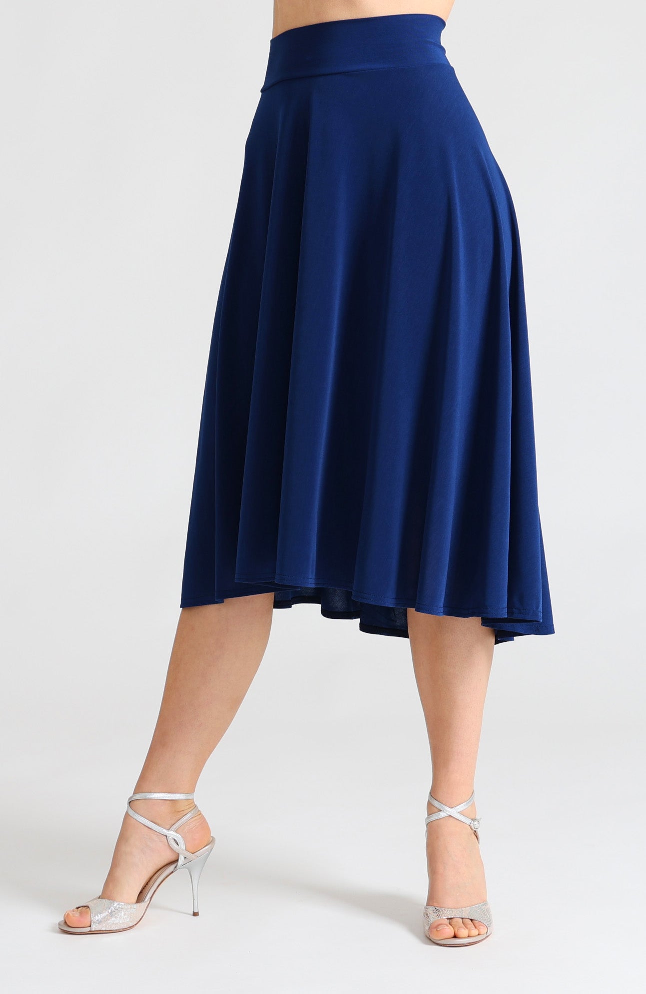 Blue A-line tango skirt Audrey featuring a flowing high-low hemline.