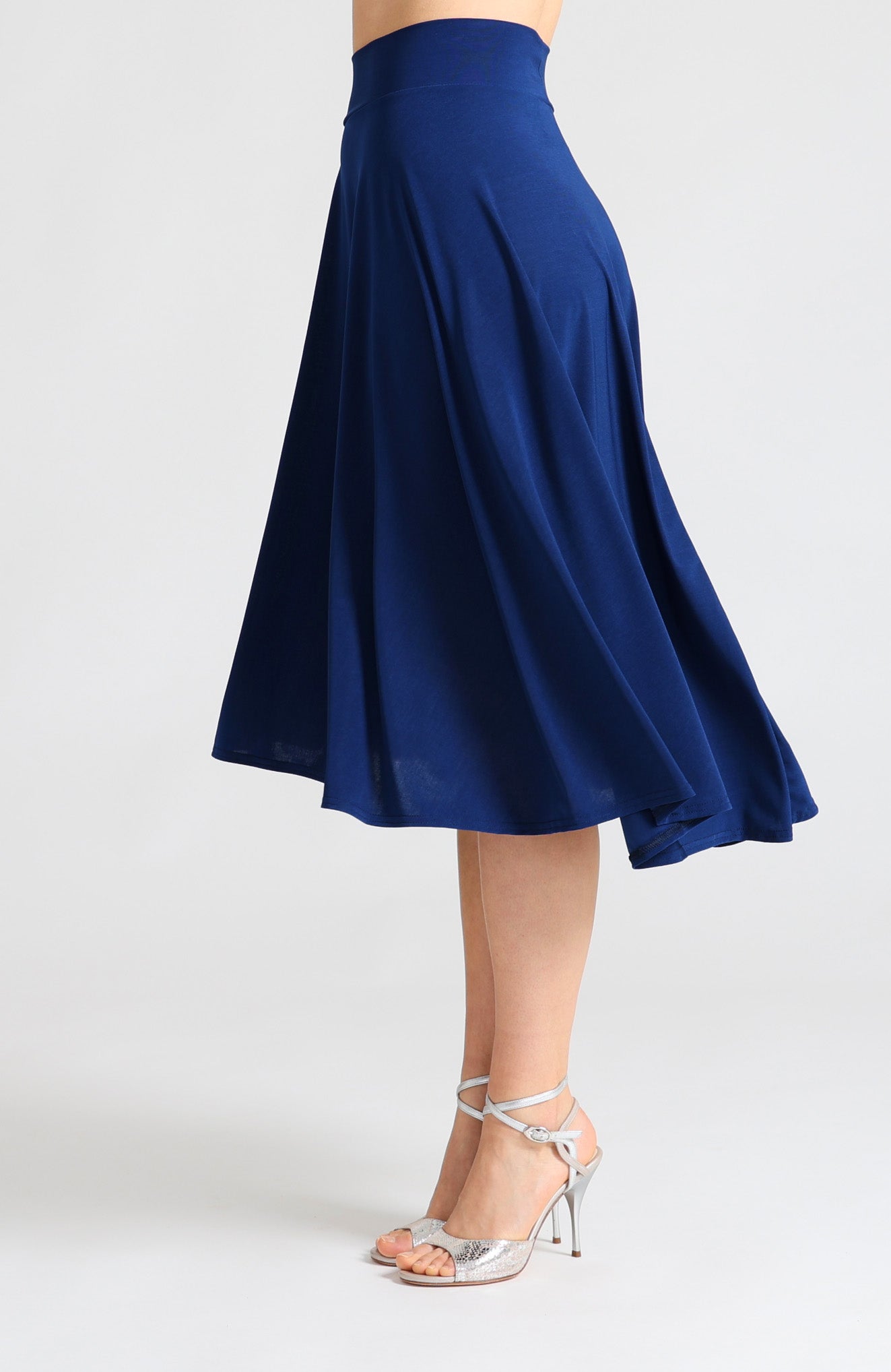 Blue A-line tango skirt Audrey featuring a flowing high-low hemline.