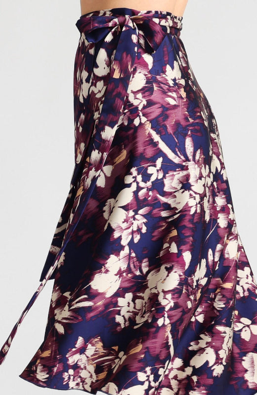 Blue abstract print wrap tango skirt Coco with an elegant side bow.