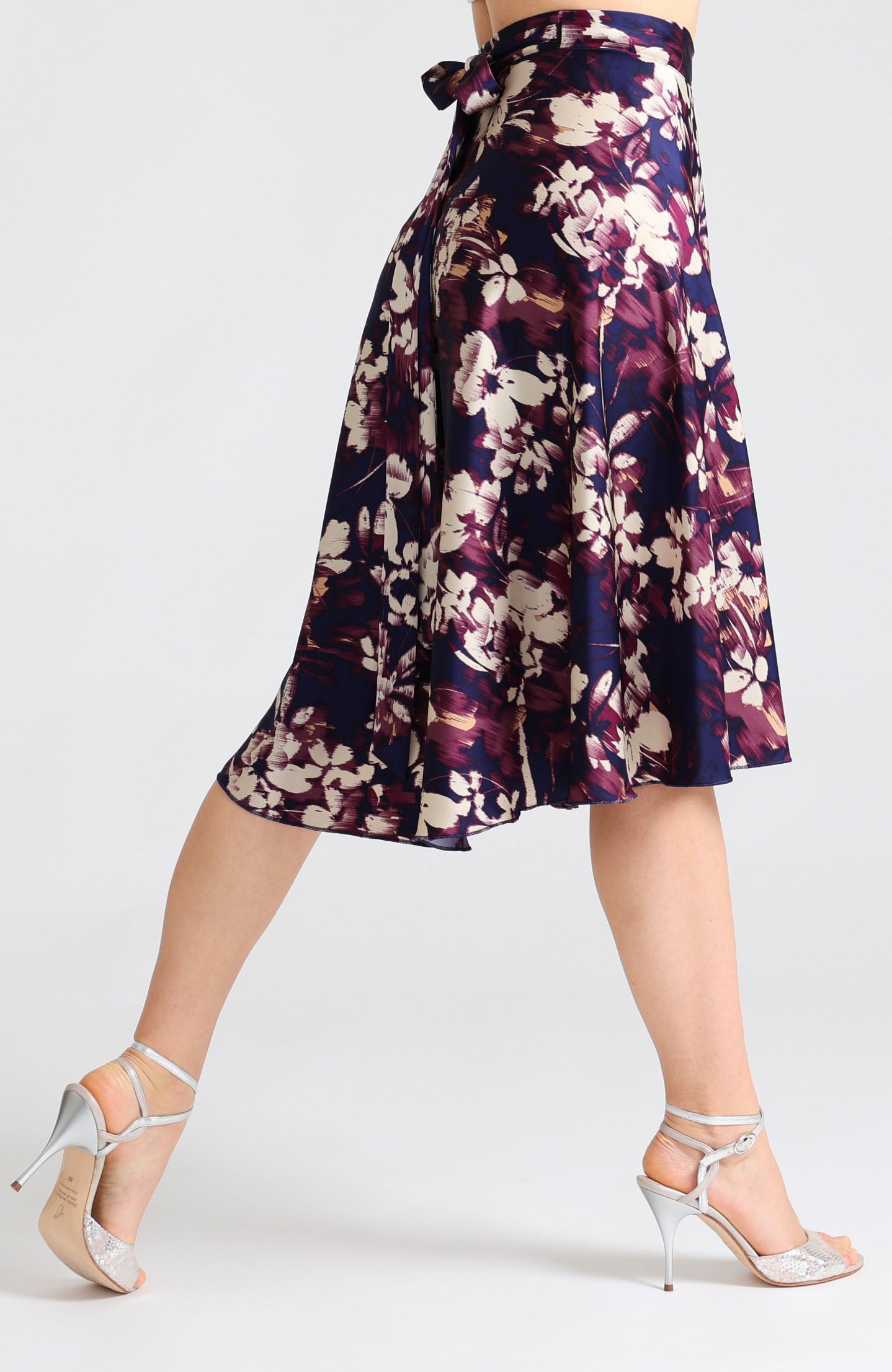 Blue abstract print wrap tango skirt Coco with A-line silhouette.