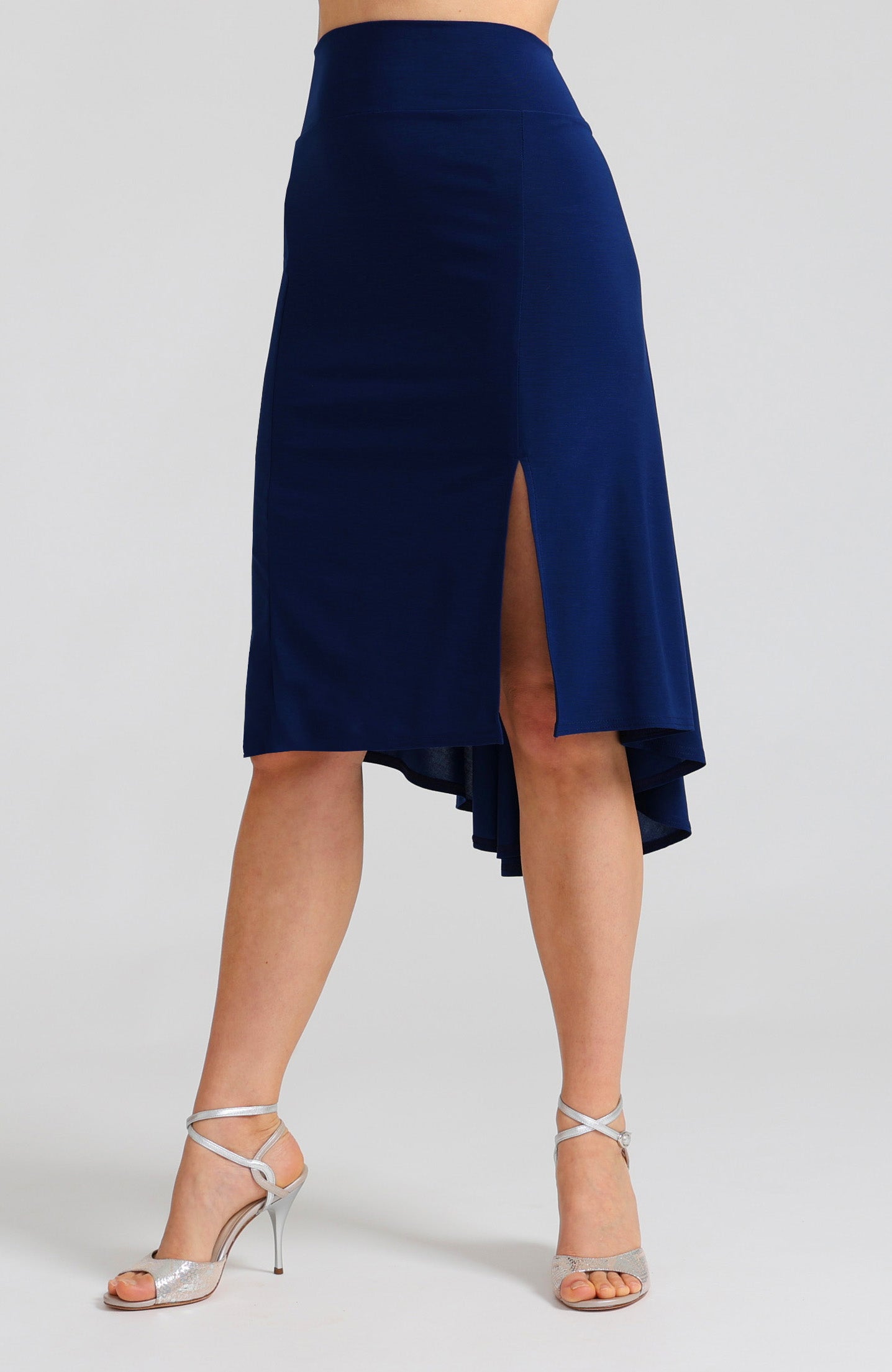 Blue fishtail tango skirt Paola featuring a high front slit and elegant drape.