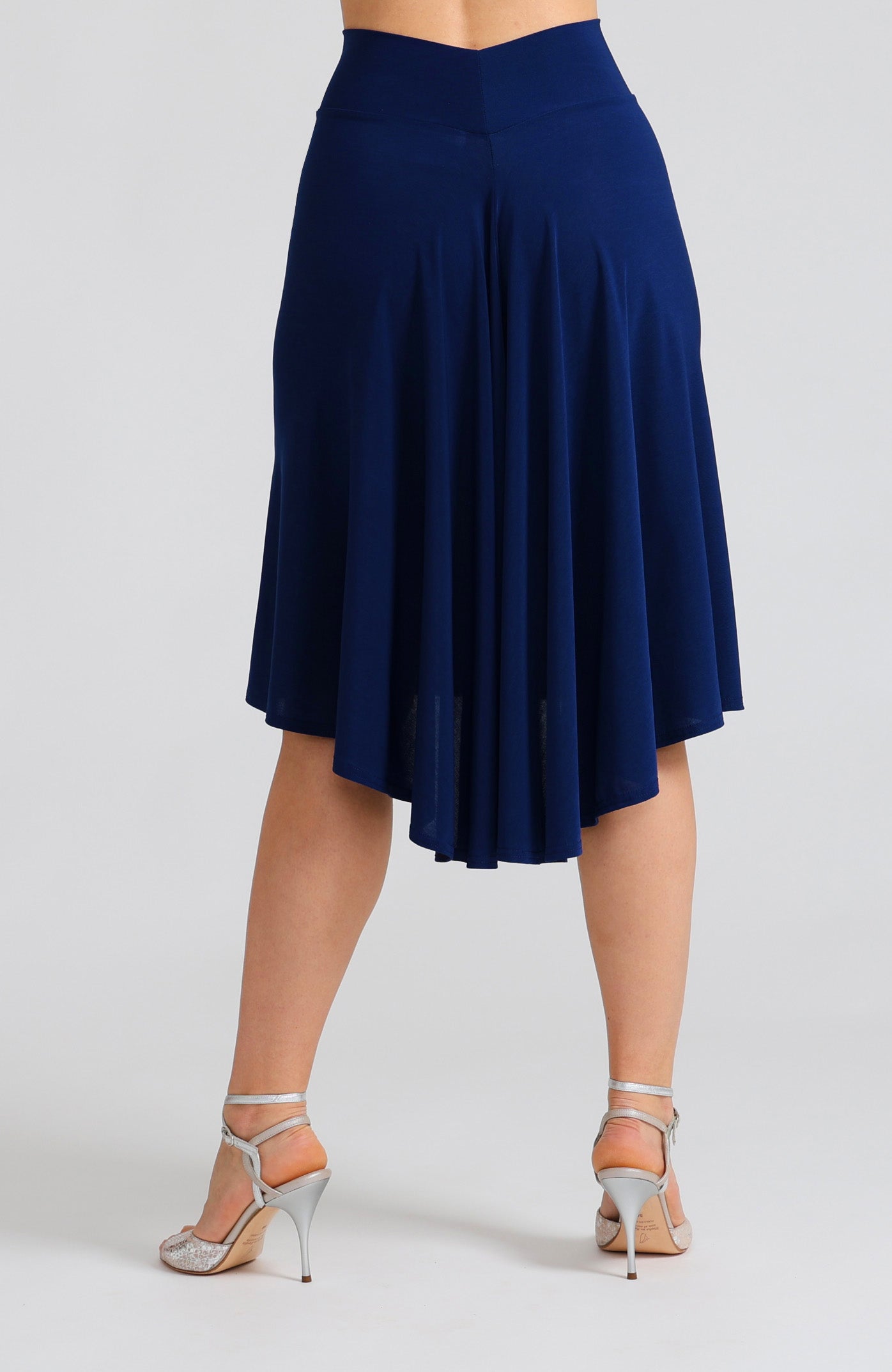 Blue fishtail tango skirt Paola featuring a high front slit and elegant drape.