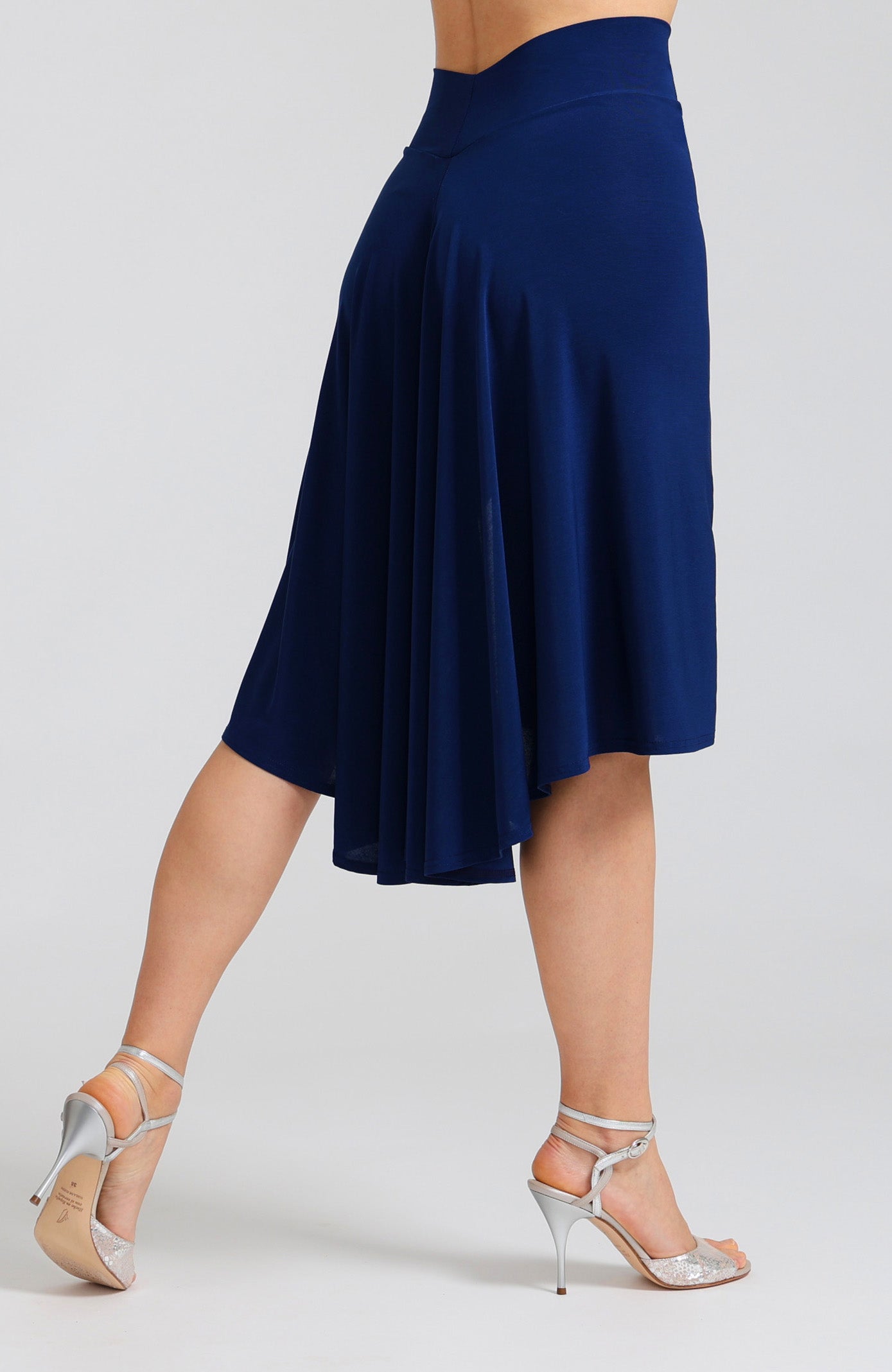 Blue fishtail tango skirt Paola featuring a high front slit and elegant drape.