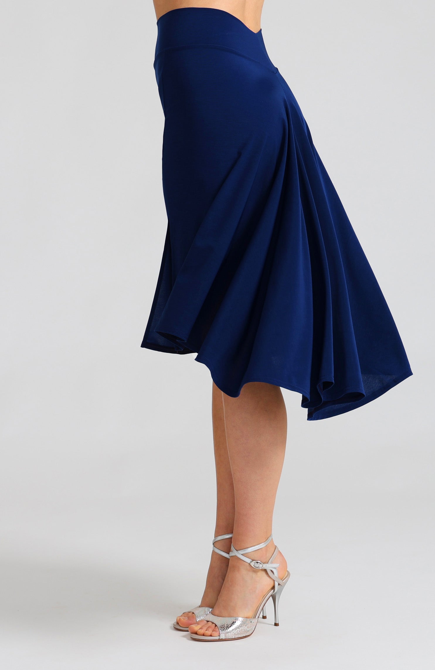 Blue fishtail tango skirt Paola featuring a high front slit and elegant drape.