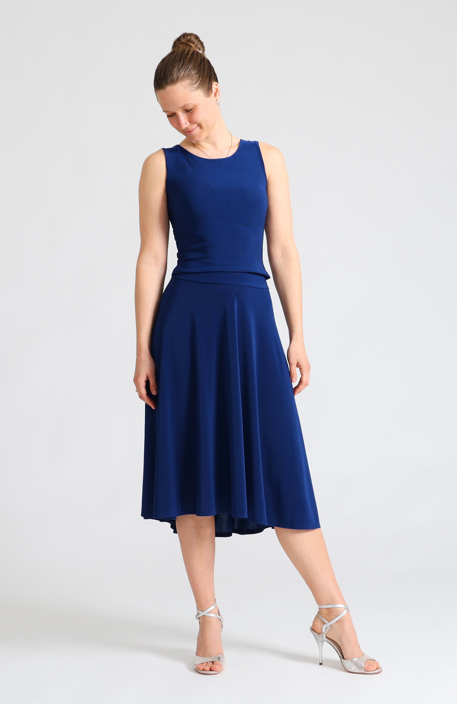 Blue A-line tango skirt Audrey featuring a flowing high-low hemline.