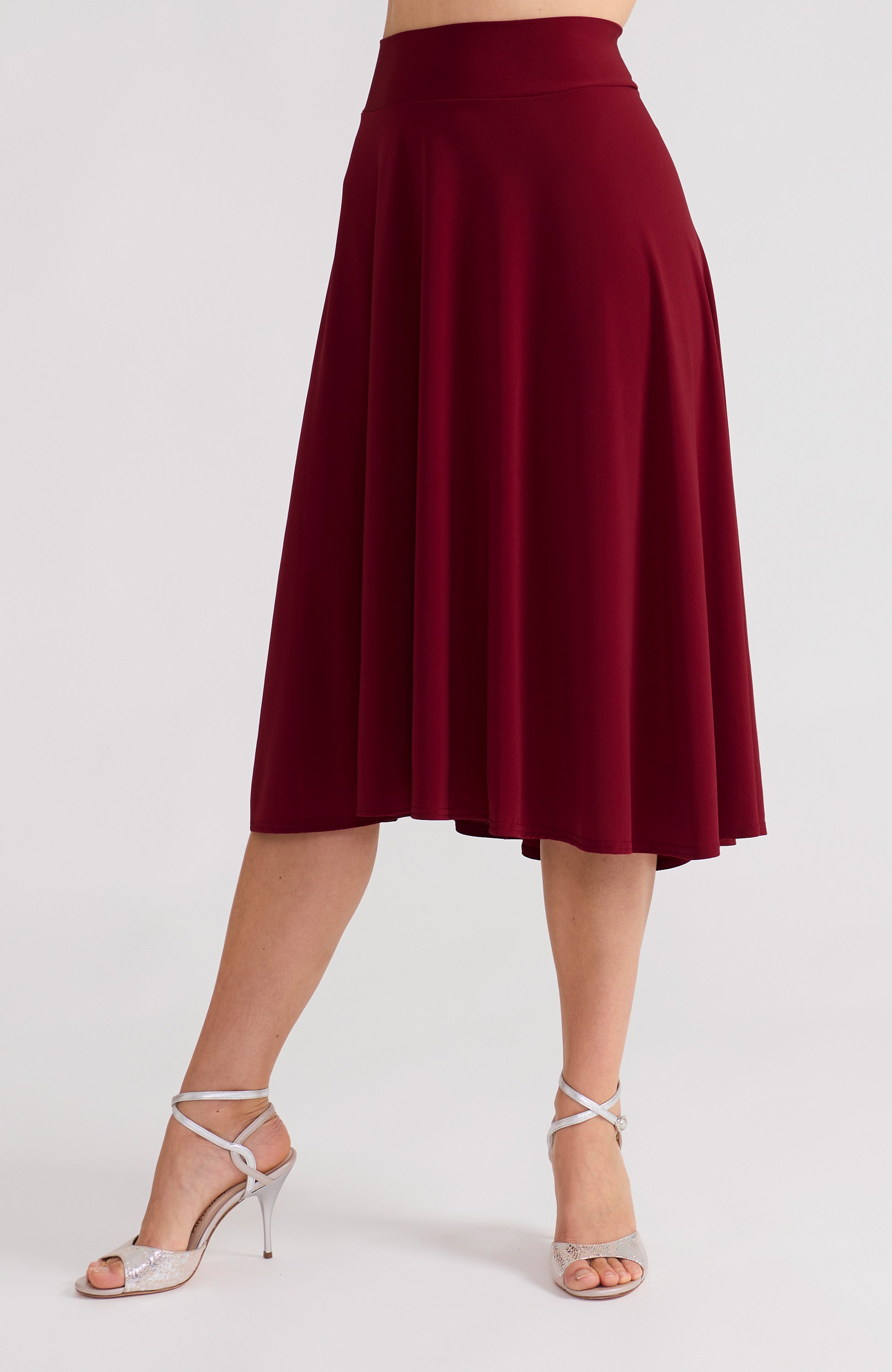 Bordeaux red A-line tango skirt AUDREY with a flowing high-low hem in a solid deep red.