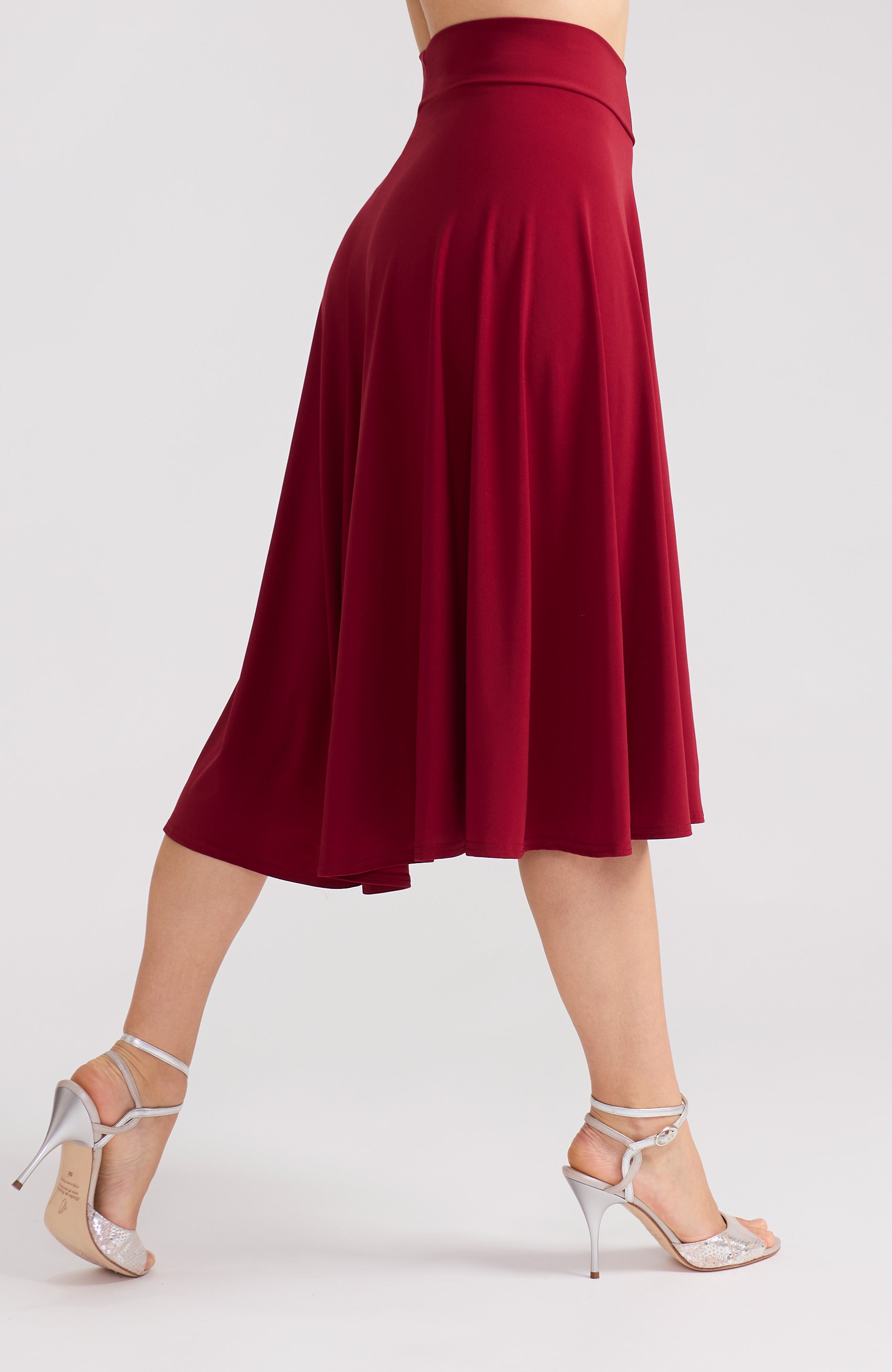 Bordeaux red flow tango skirt AUDREY with a flowing high-low hem in a solid deep red.