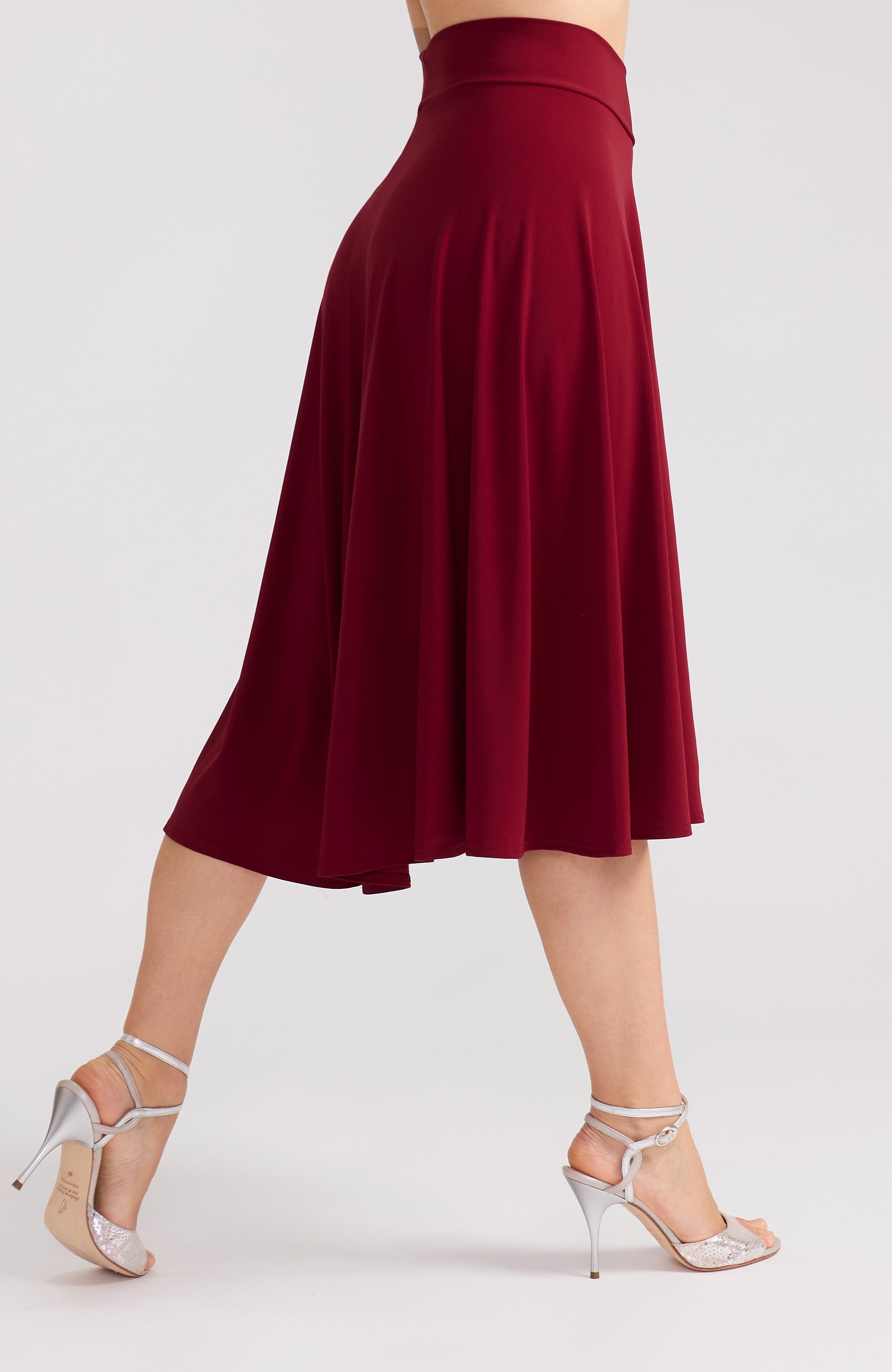 Bordeaux red A-line tango skirt AUDREY with a flowing high-low hem in a solid deep red.