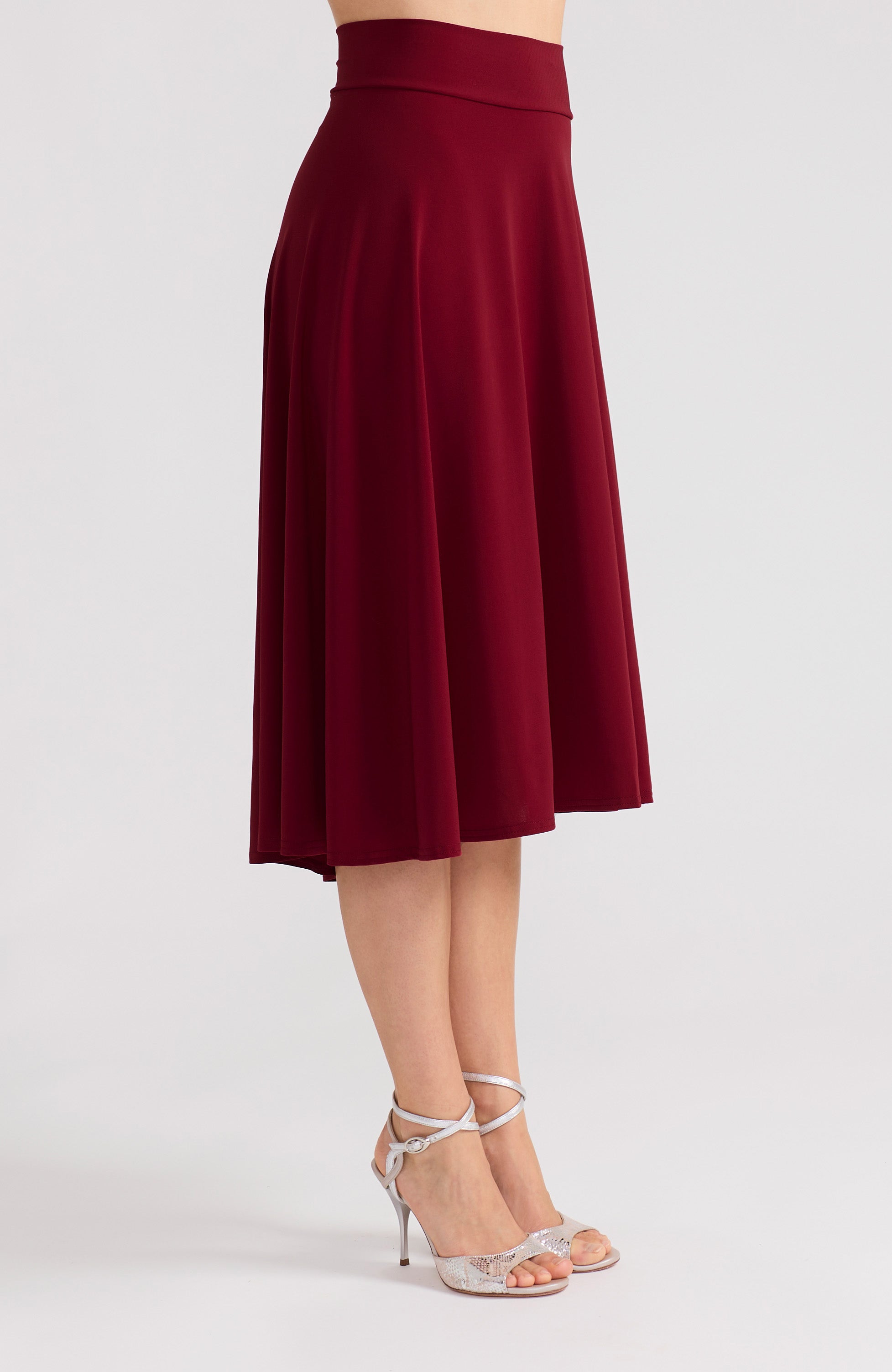 Bordeaux red A-line tango skirt AUDREY with a flowing high-low hem in a solid deep red.