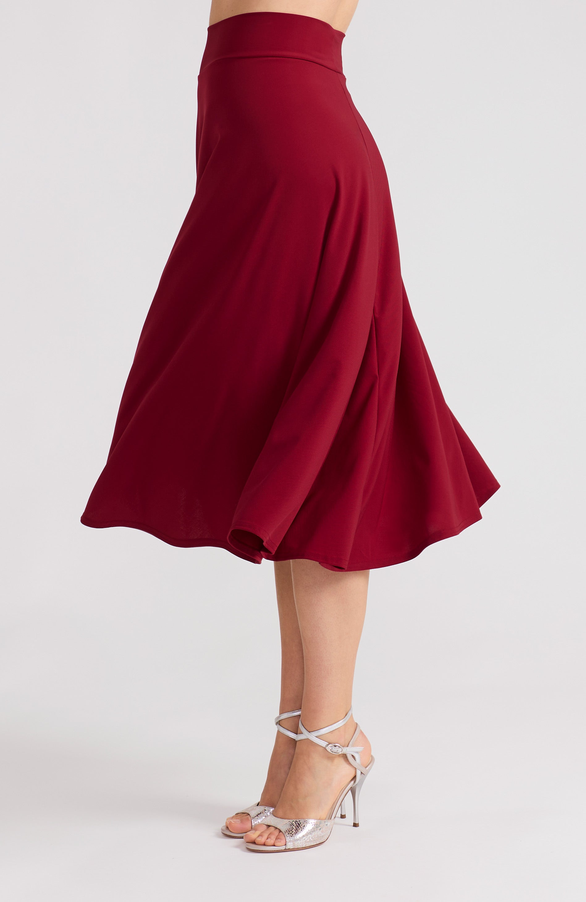Bordeaux red A-line tango skirt AUDREY with a flowing high-low hem in a solid deep red.