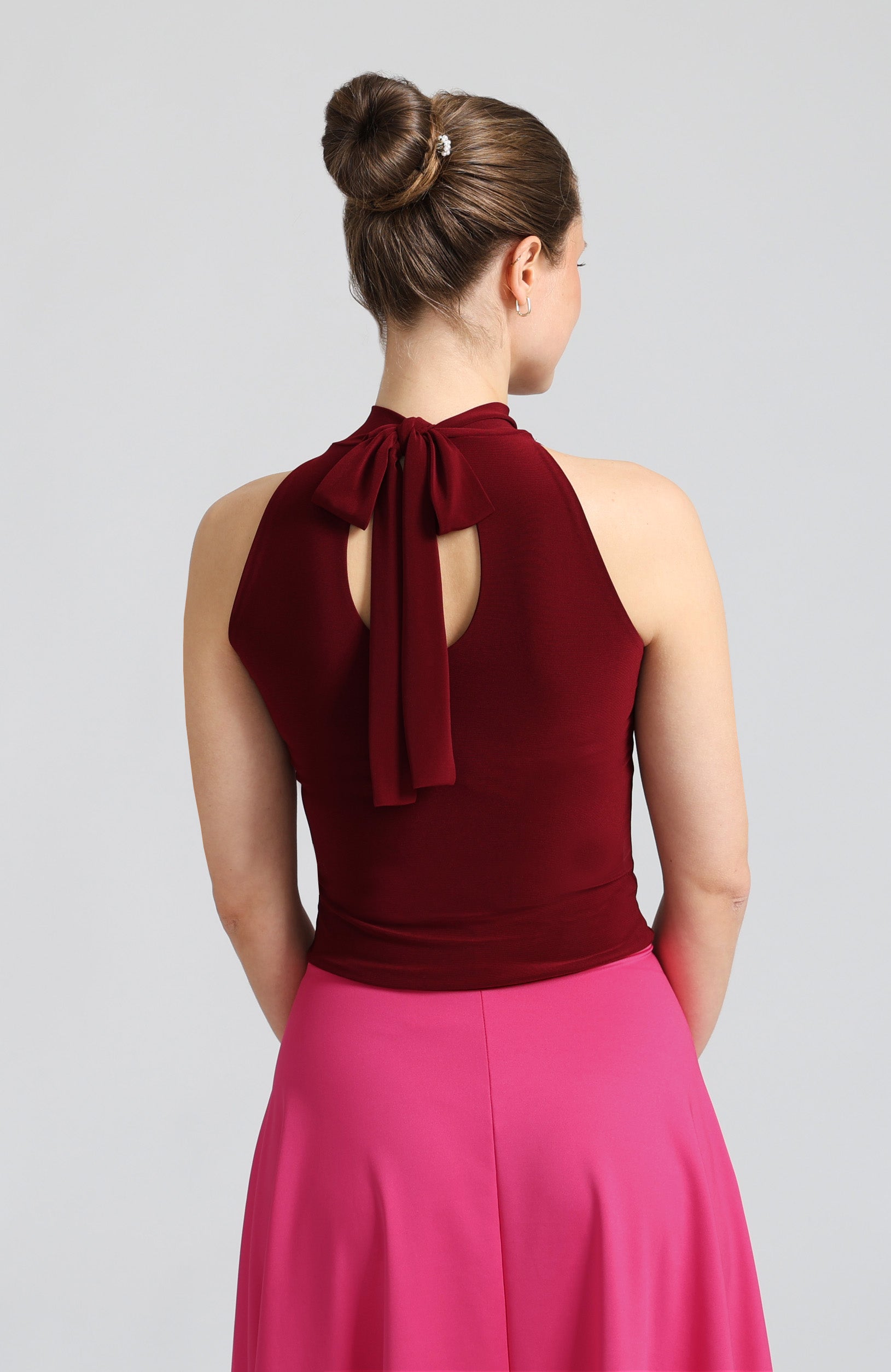 Bordeaux red halter neck tango top Lynn with elegant back bow detail and sleek fit.
