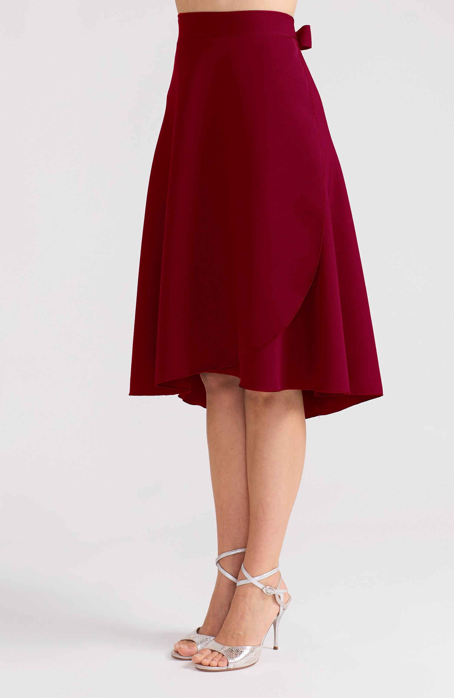 Bordeaux red wrap skirt COCO with an adjustable waist tie and graceful bow; an elegant Argentine tango skirt with fluid movement.